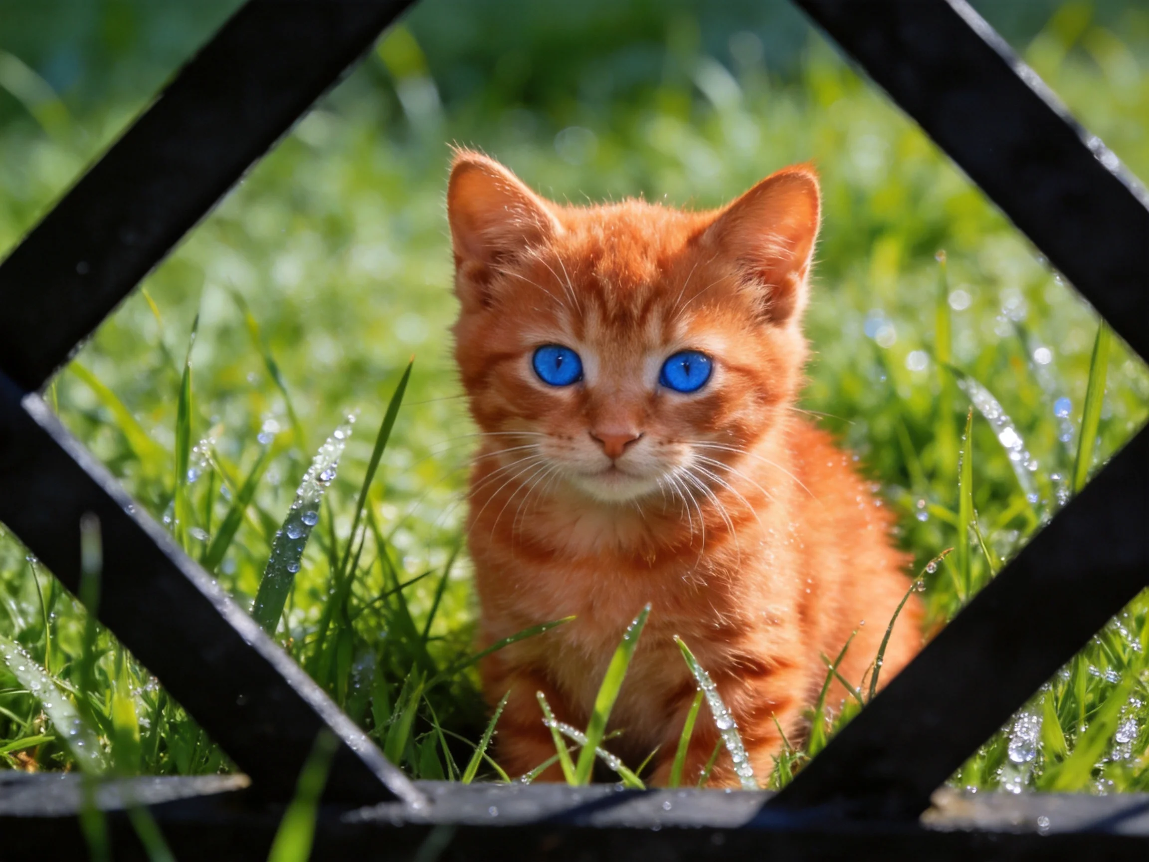 An orange kitten with blue eyes is near among dewy grass near a black fence.