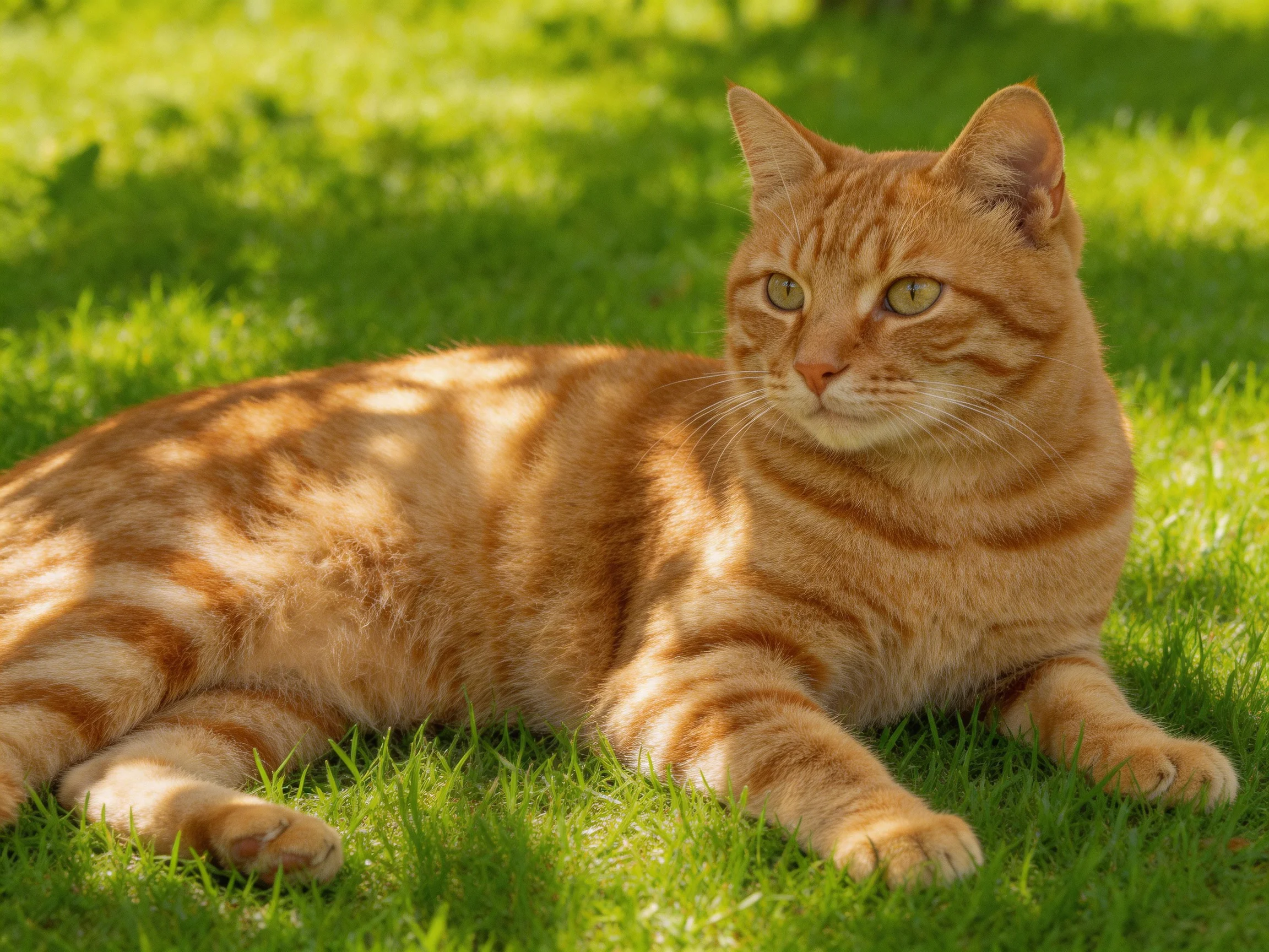 A bright orange tabby cat lounges on lush green grass in sunlight