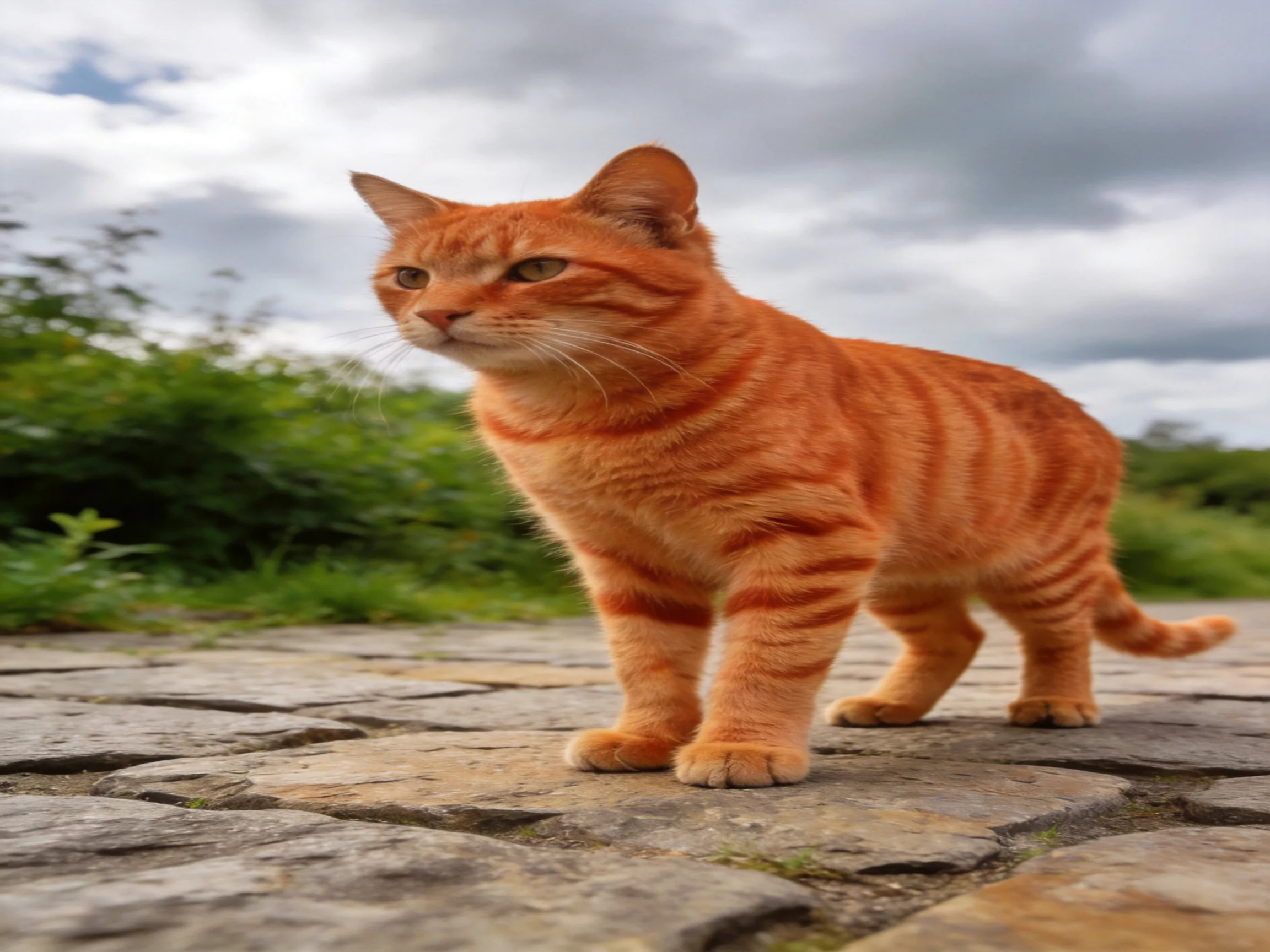 An orange tabby cat stands on a stone path under cloudy skies.