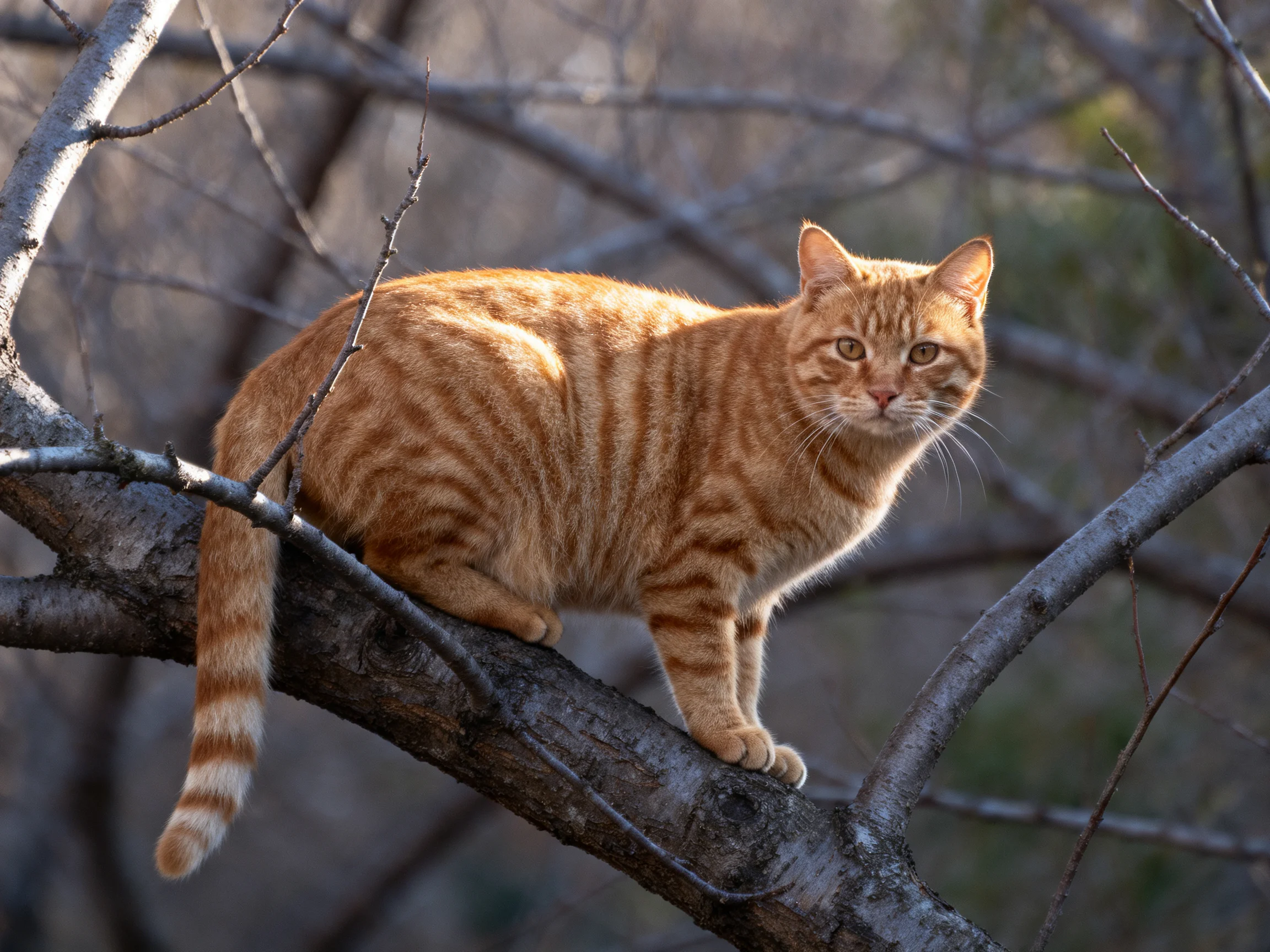 An orange tabby cat stands alert on a tree branch in a wooded area.