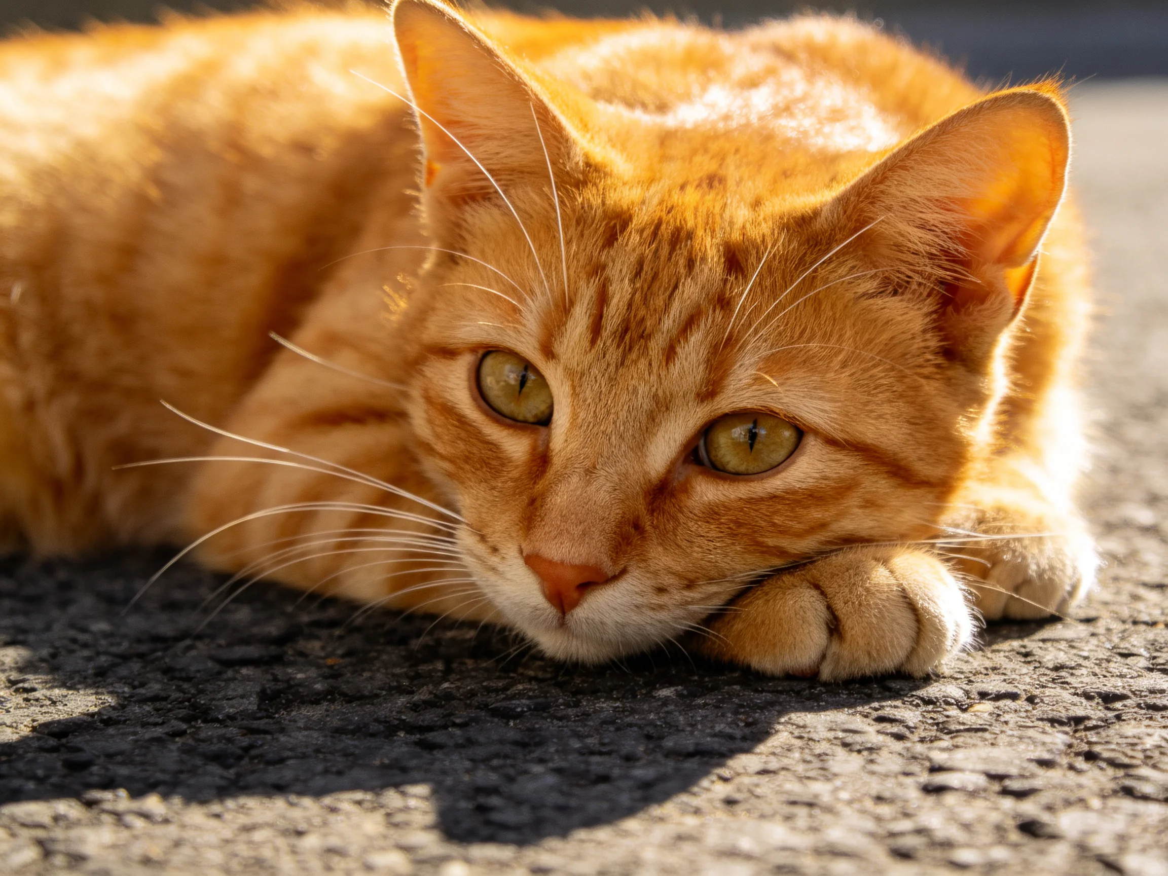 An orange tabby cat lies on sunlit pavement with its head propped on a paw.