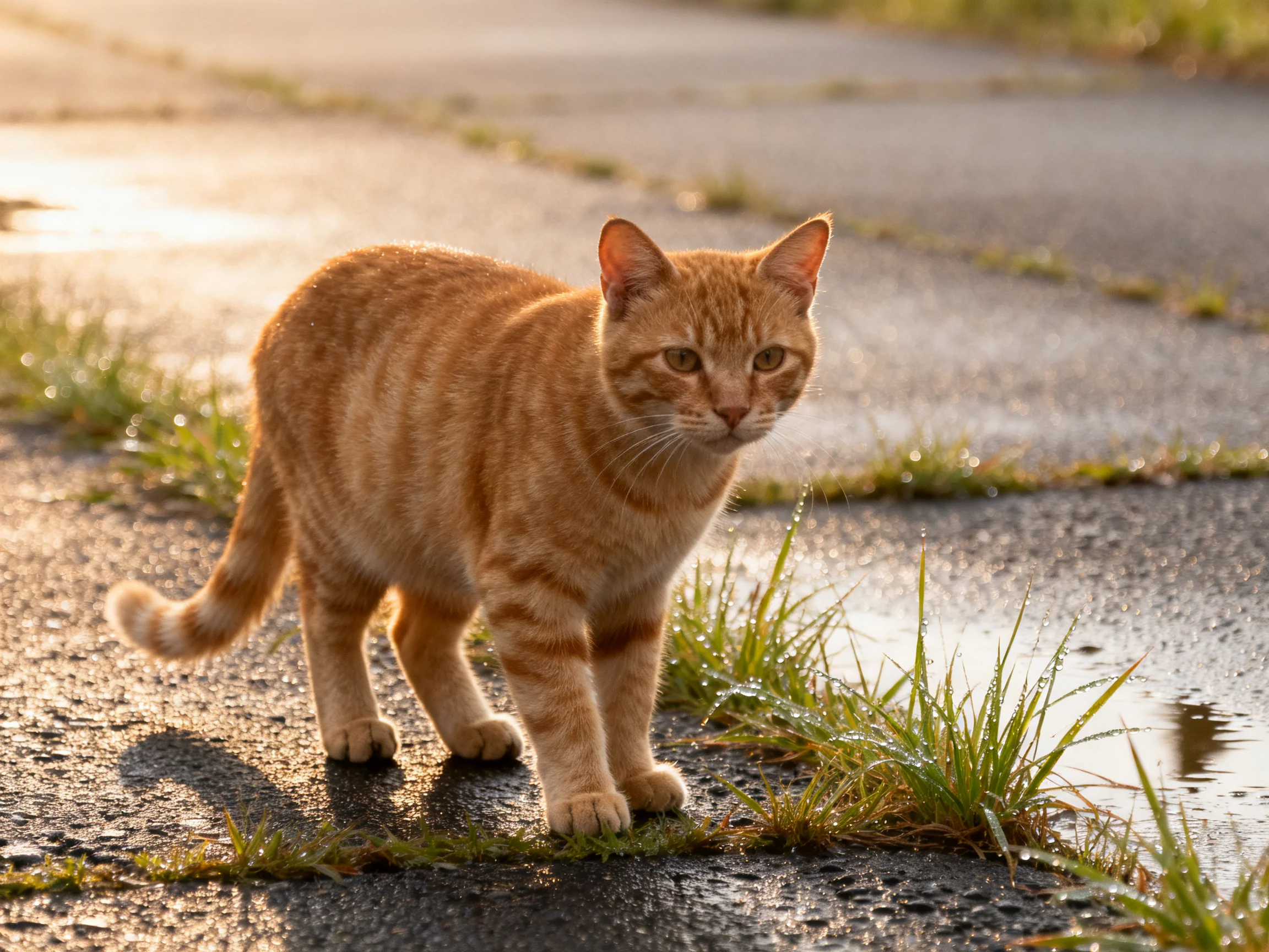 A bright orange tabby cat roams near grassy pavement under morning sunlight