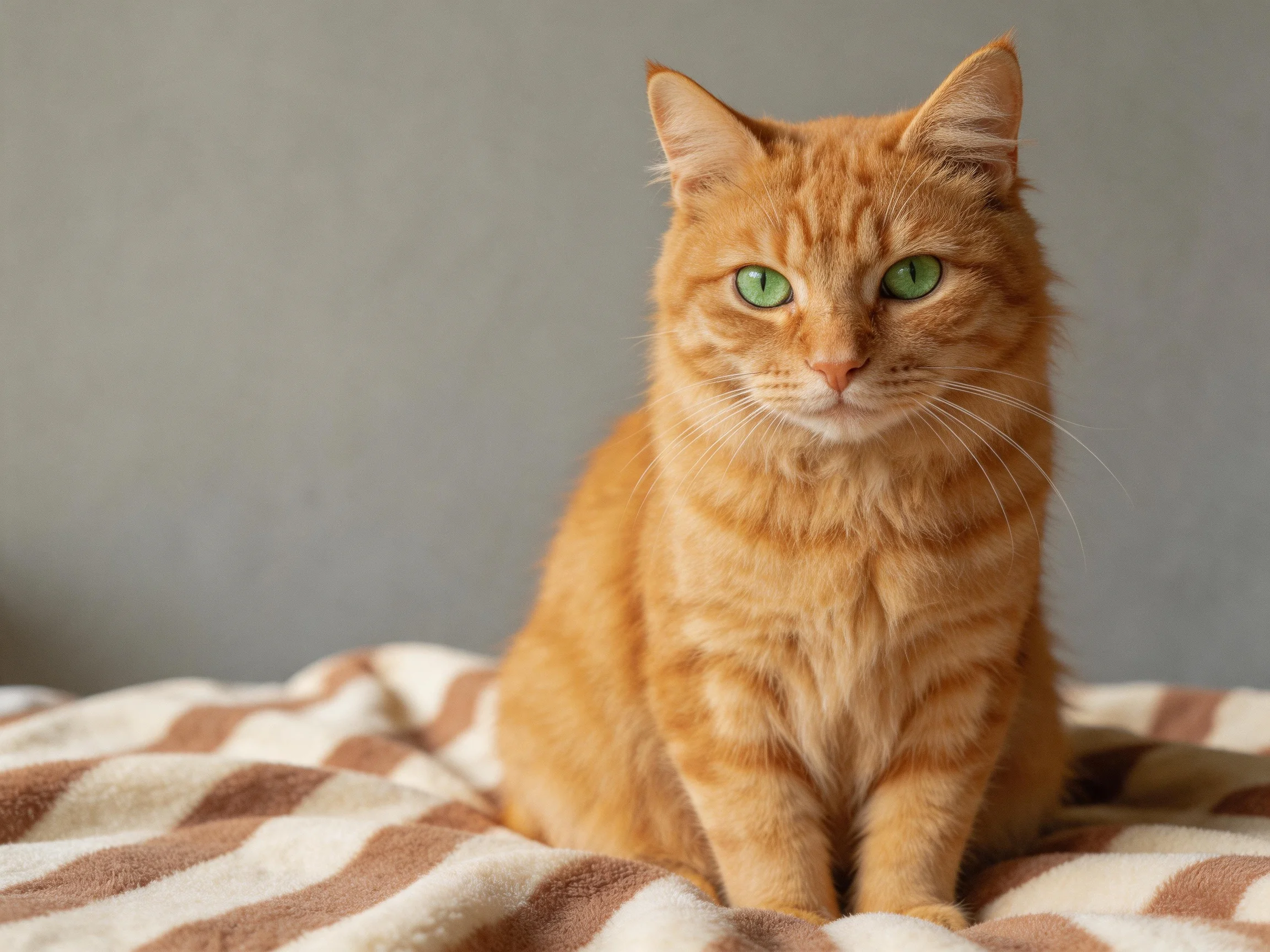 A bright orange tabby cat sits calmly on a brown and white striped blanket.