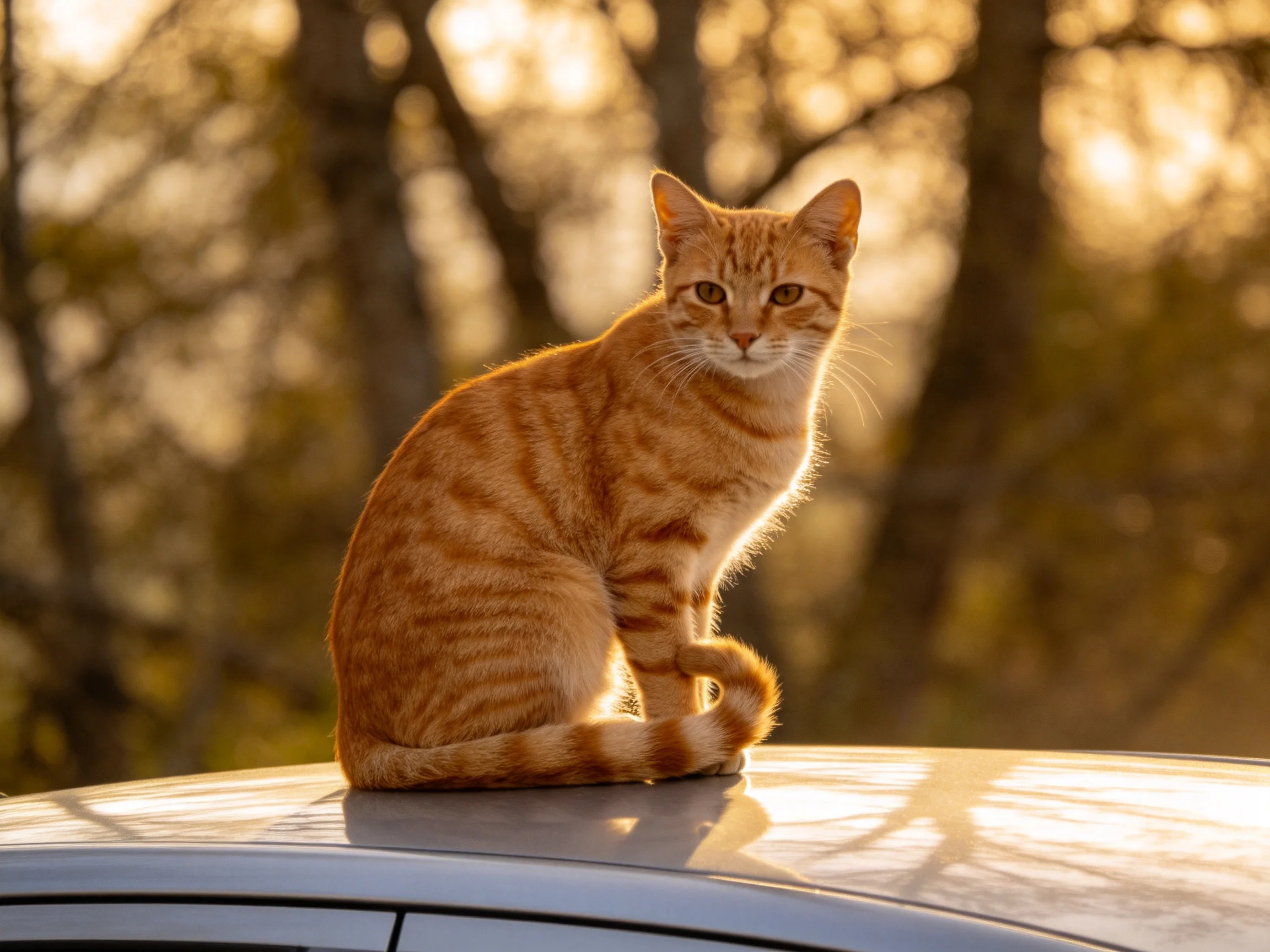 An orange tabby cat sits on a car roof in a sunlit outdoor setting.