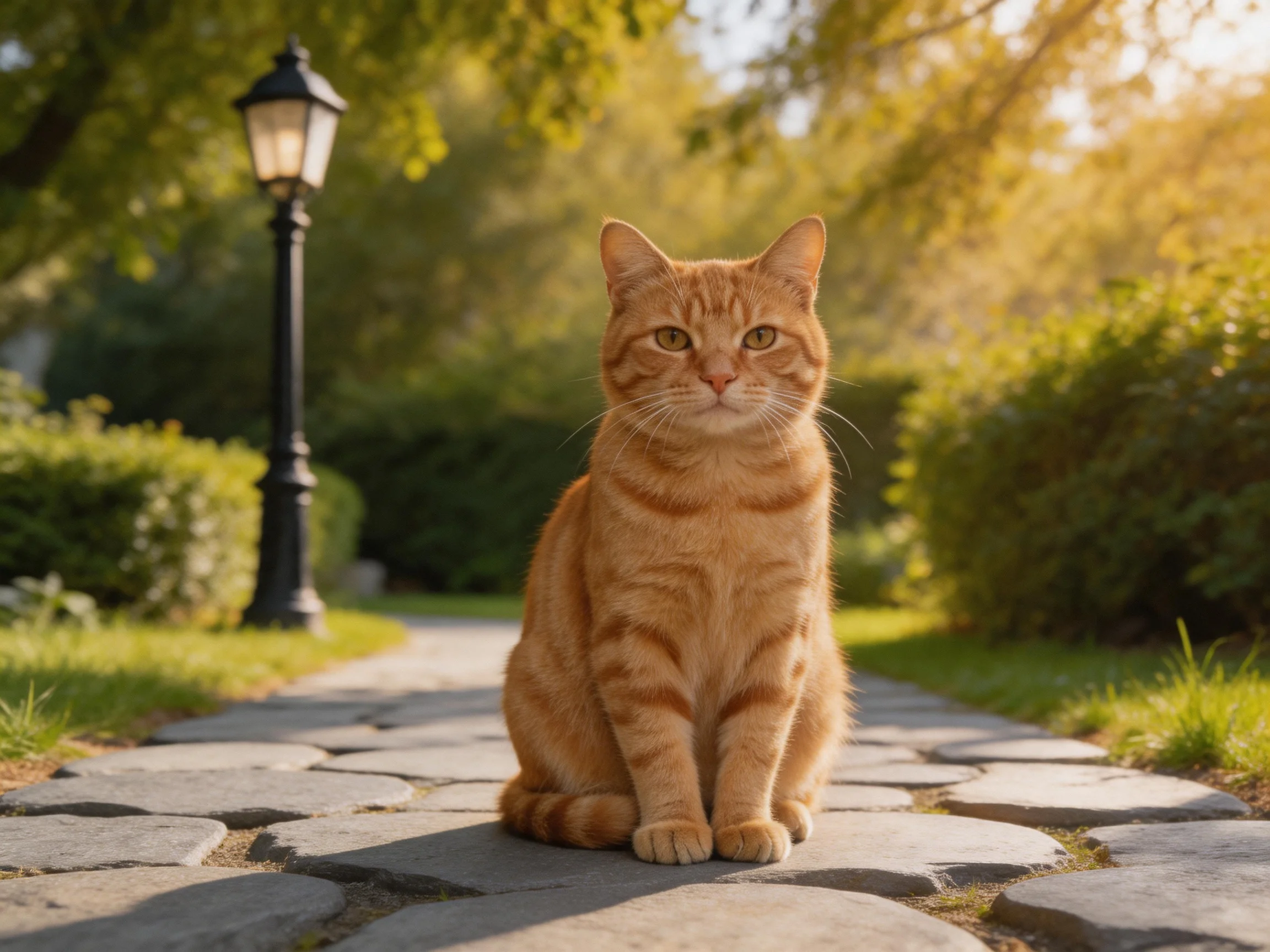 An orange tabby cat sits on a stone path in a sunlit park.