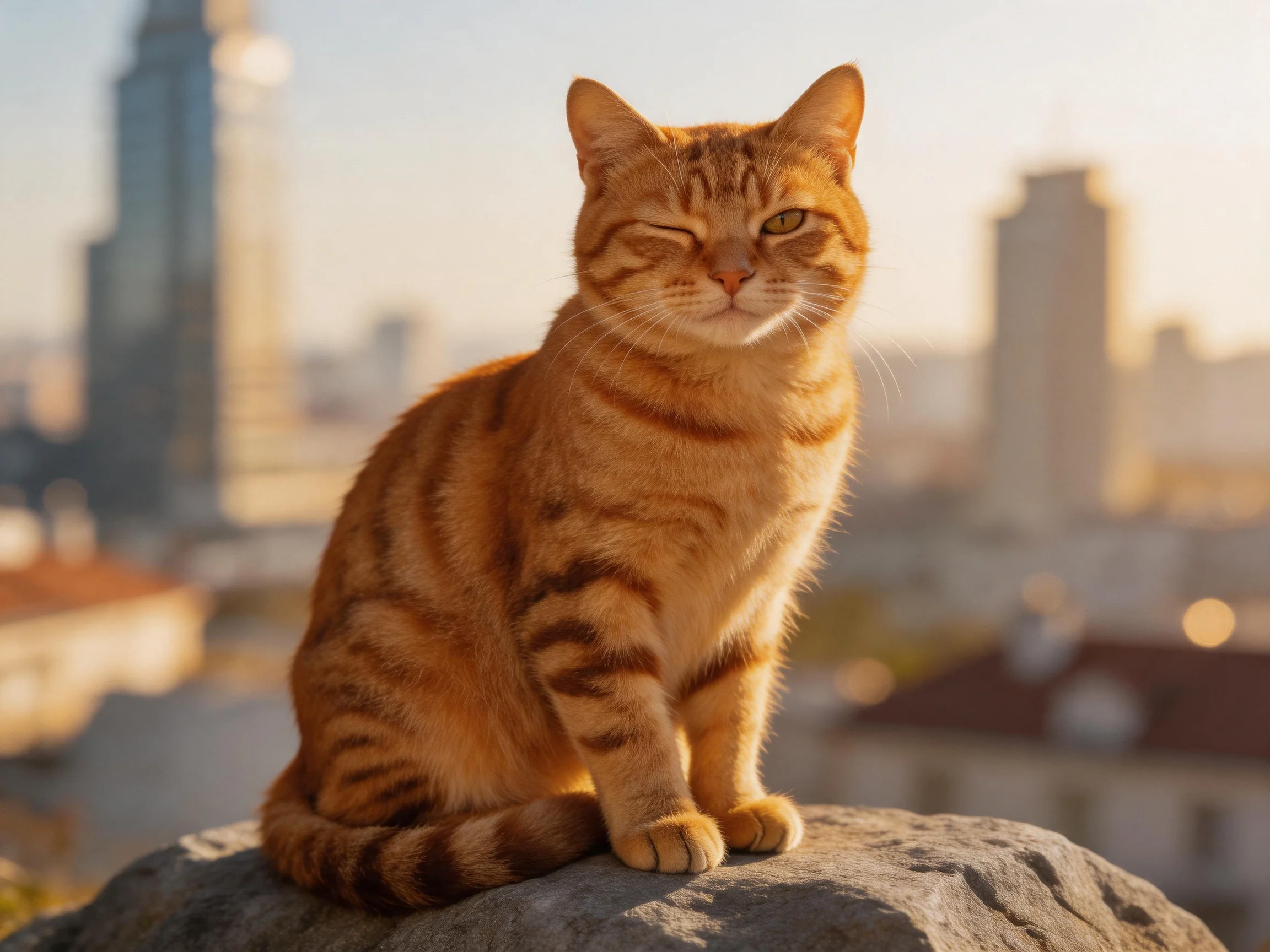 An orange tabby cat sits calmly on a stone ledge with a blurred city skyline behind