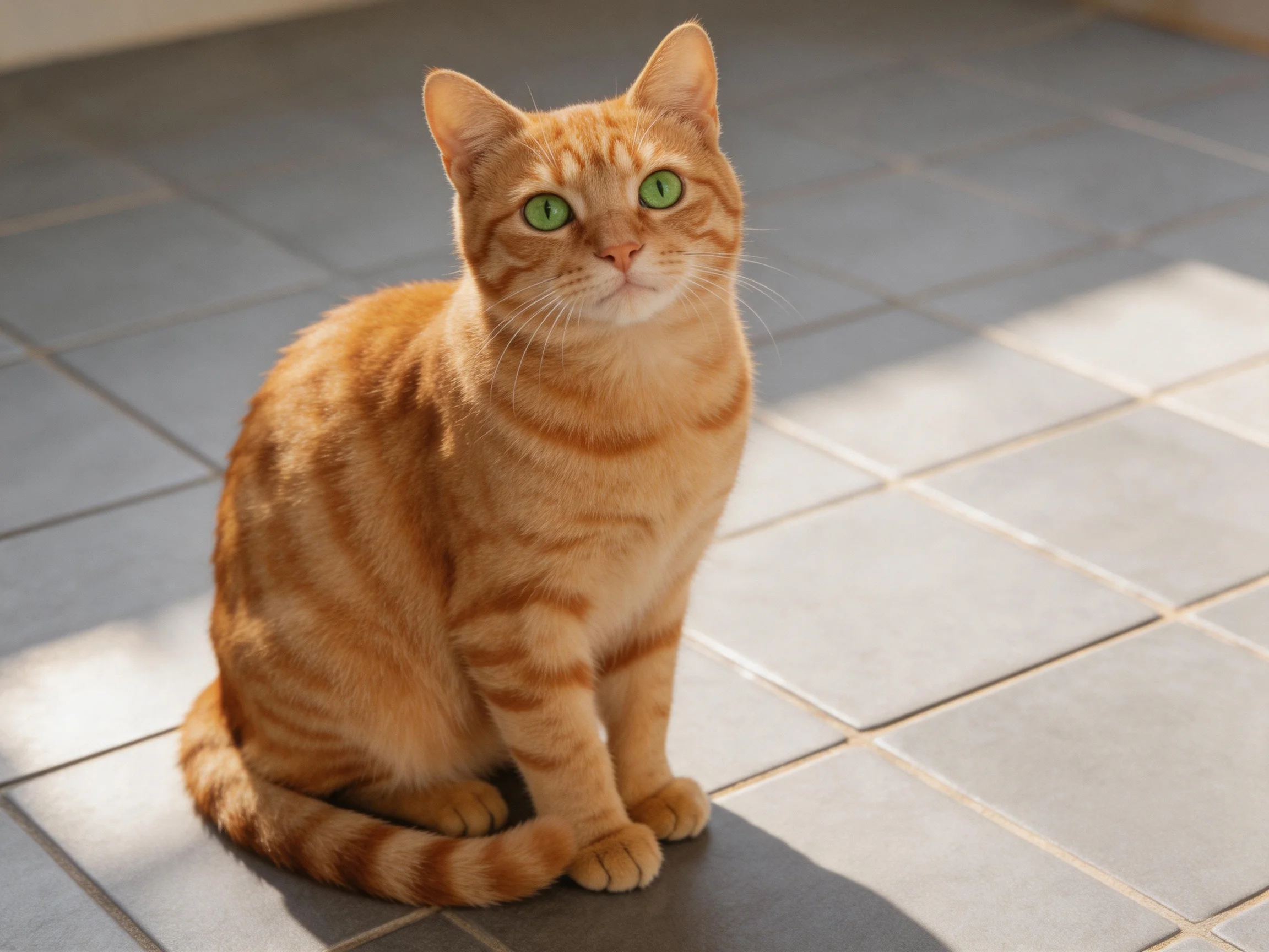 A single orange tabby cat sits on a gray tiled surface bathed in sunlight.