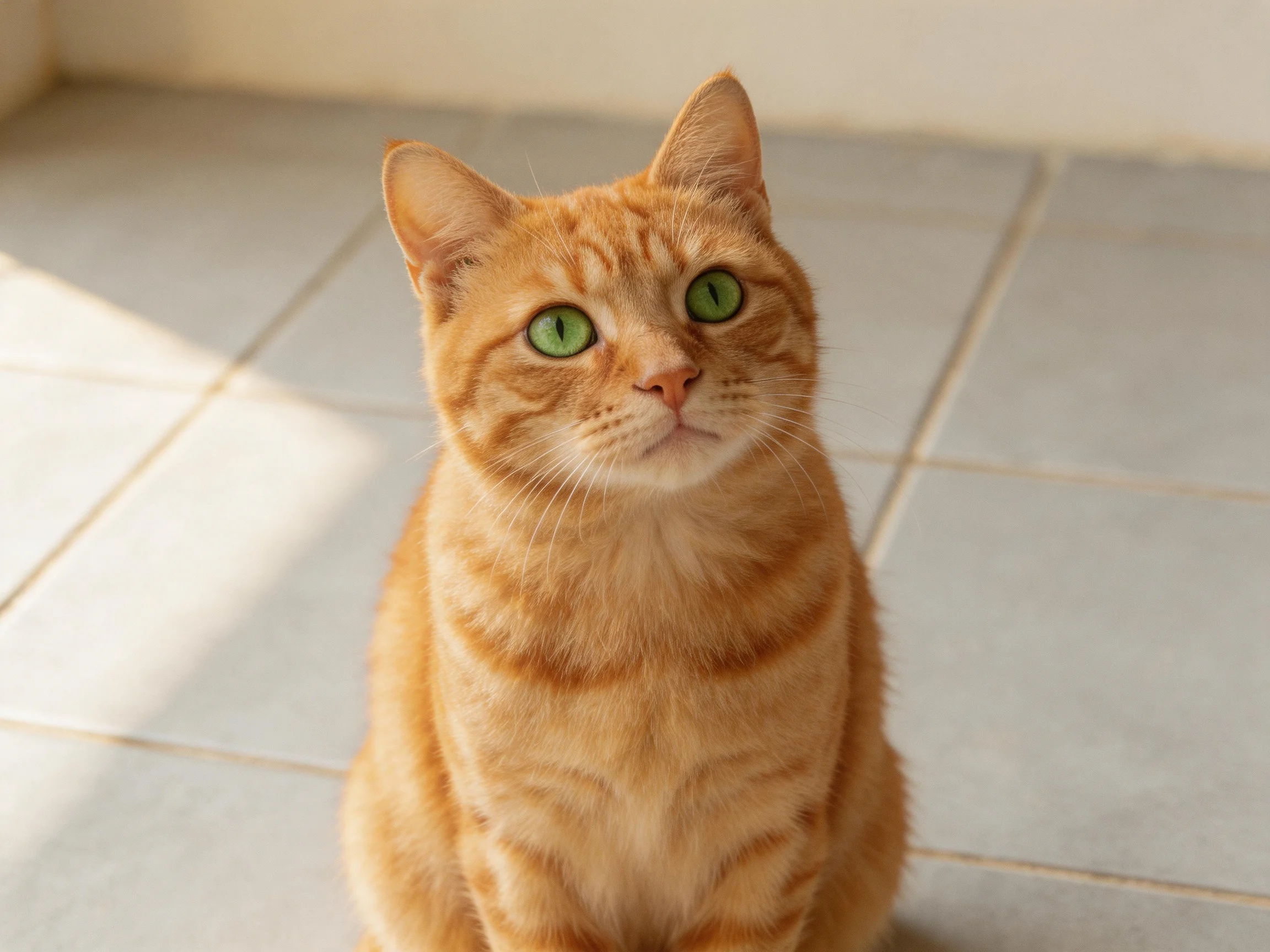 An orange tabby cat with green eyes sits on tiled flooring.