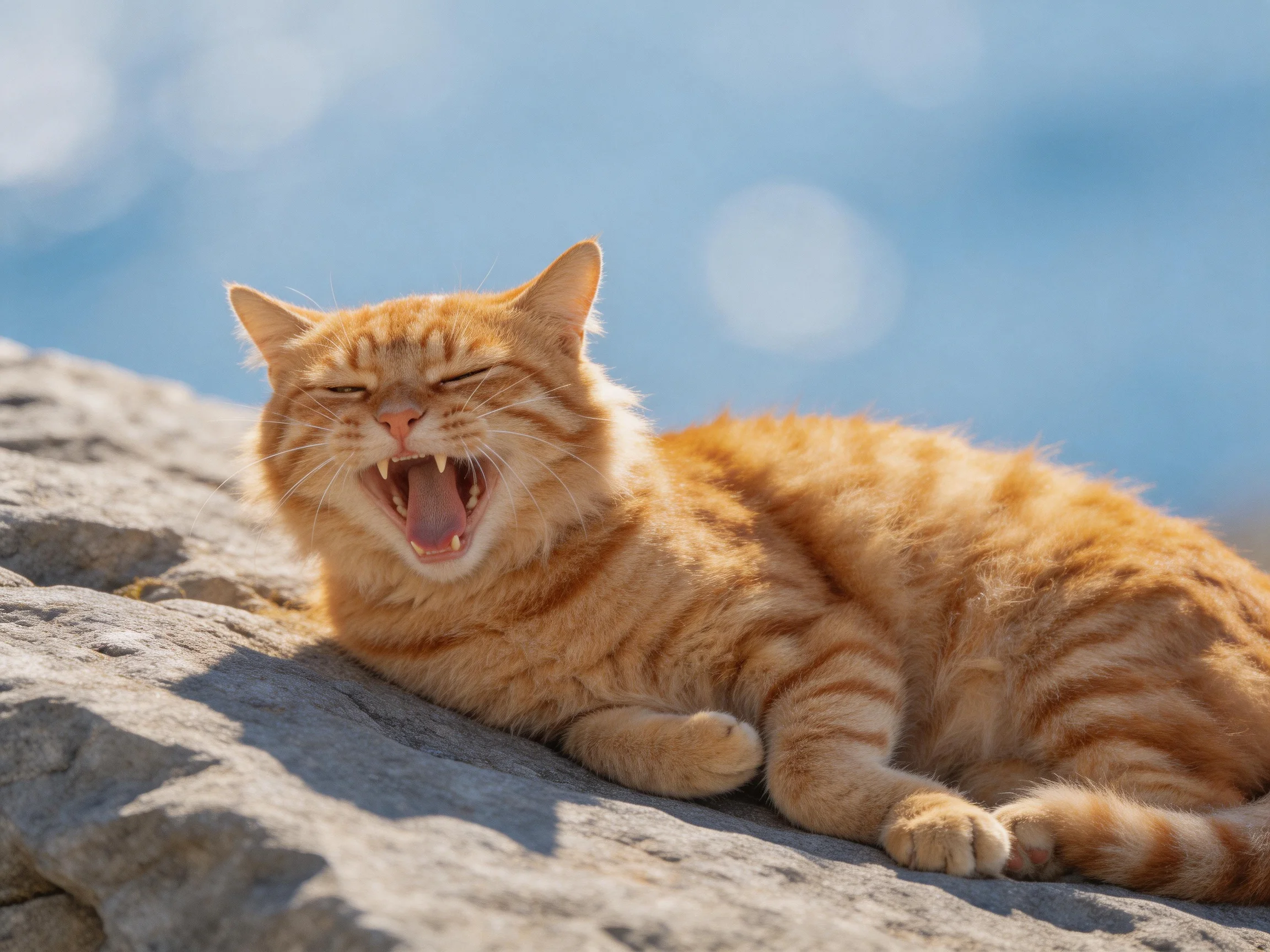 A bright orange tabby cat yawning on a rocky outdoor ledge