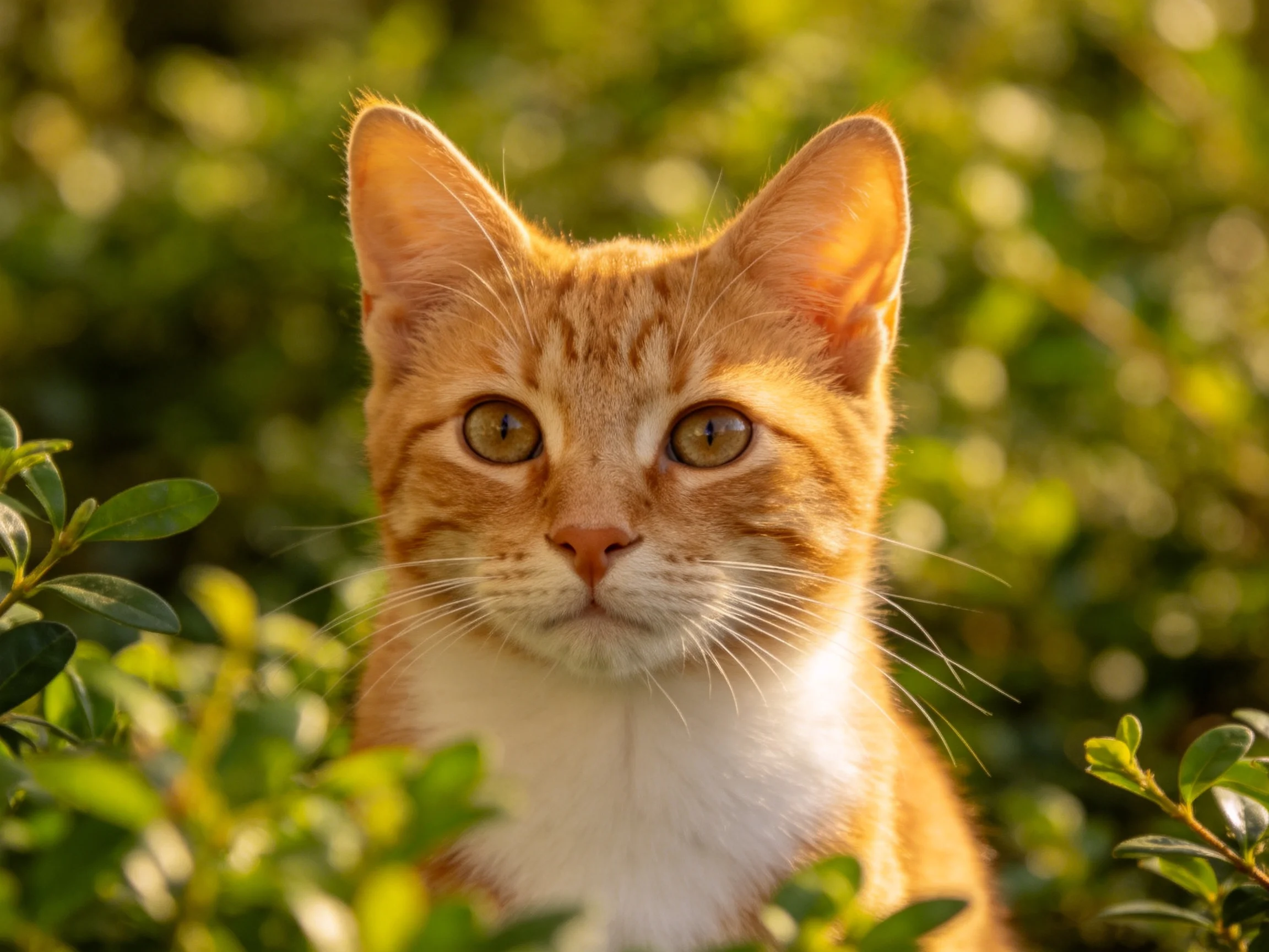 A bright orange tabby kitten sits among dense green foliage in a sunlit area.