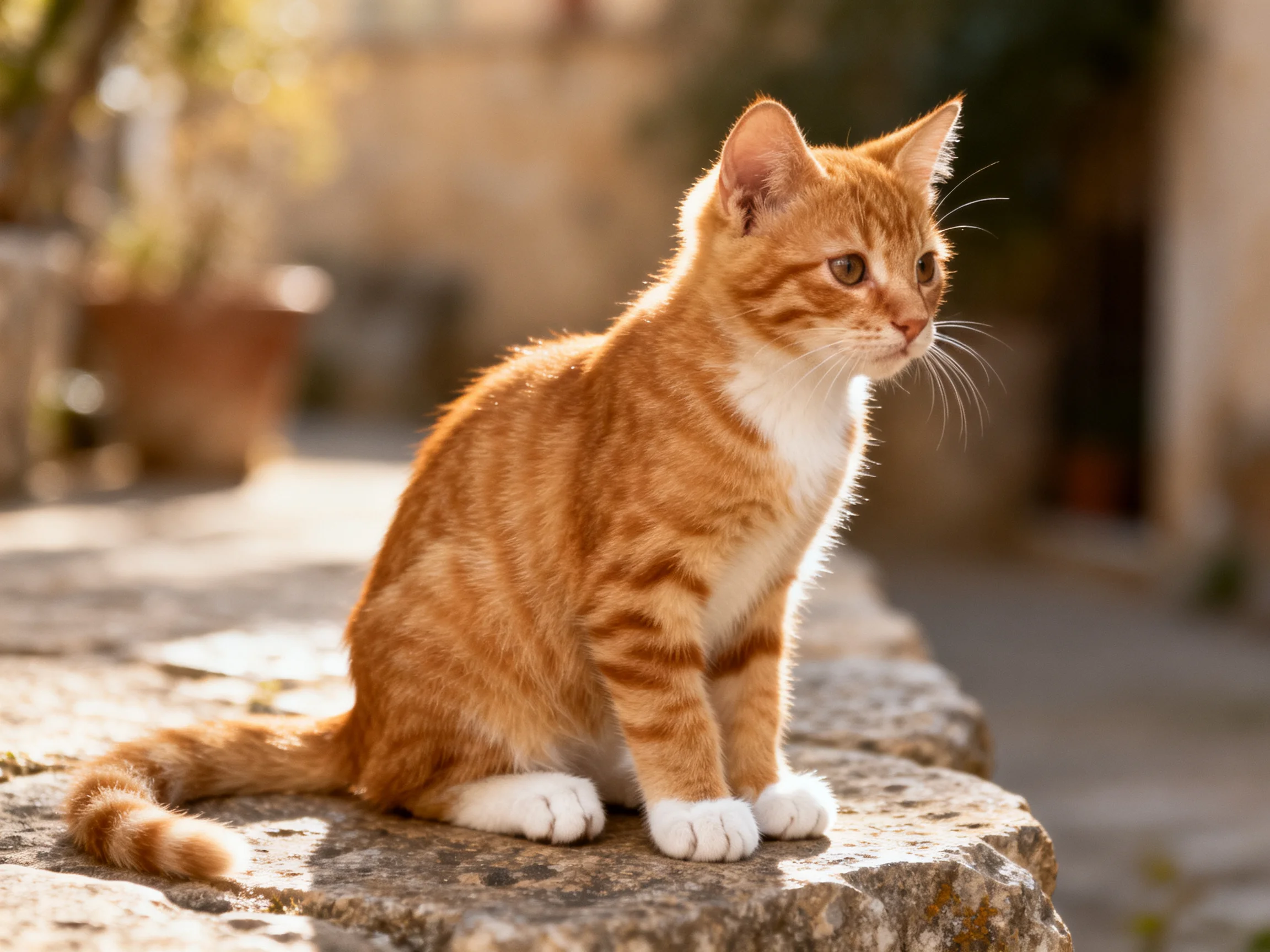 An orange tabby kitten rests on a sunlit stone ledge in a softly lit outdoor area.