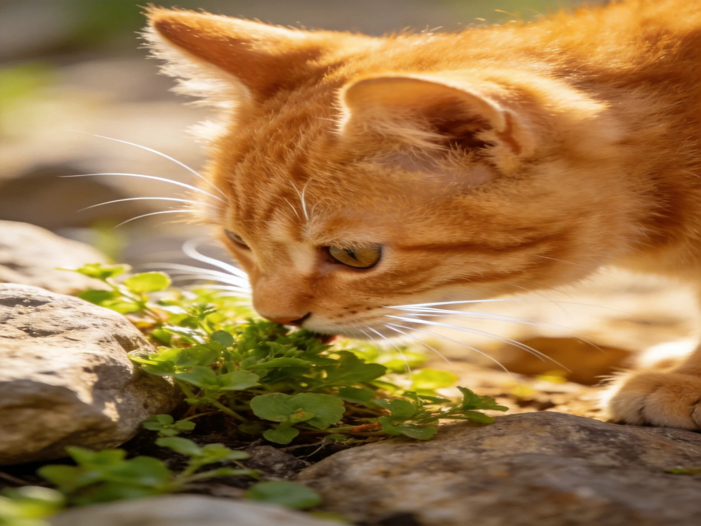 A bright orange tabby kitten sniffs vibrant greenery near weathered rocks