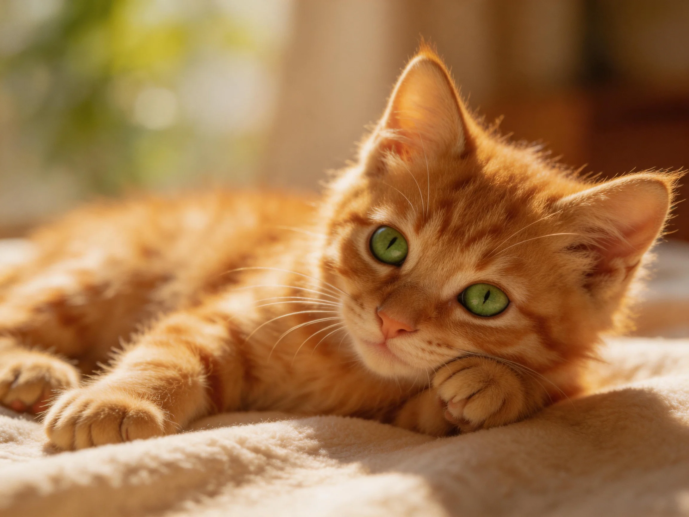 An orange tabby kitten with green eyes relaxes on a soft fabric surface.
