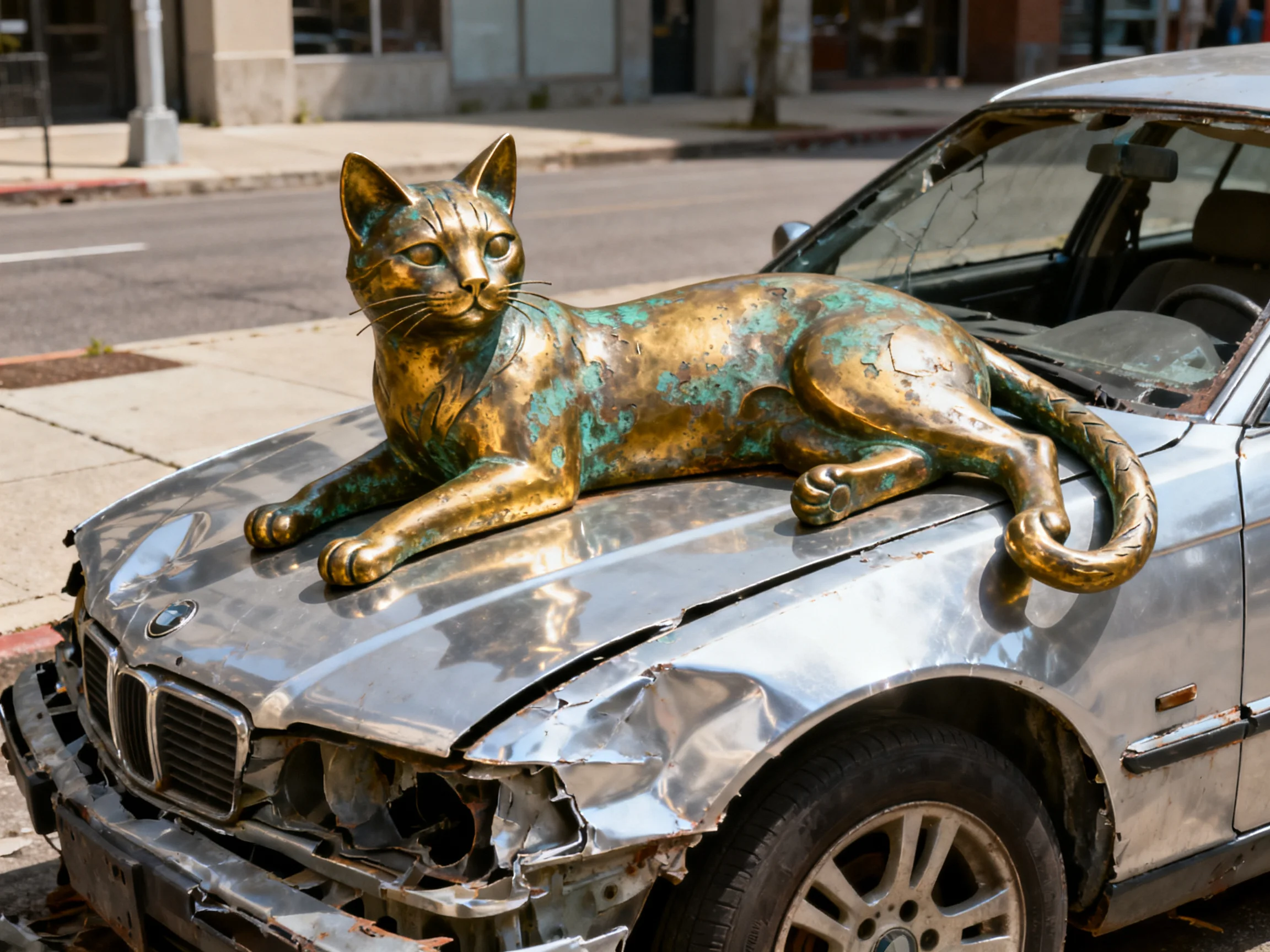 A bronze cat sculpture rests on a damaged silver car
