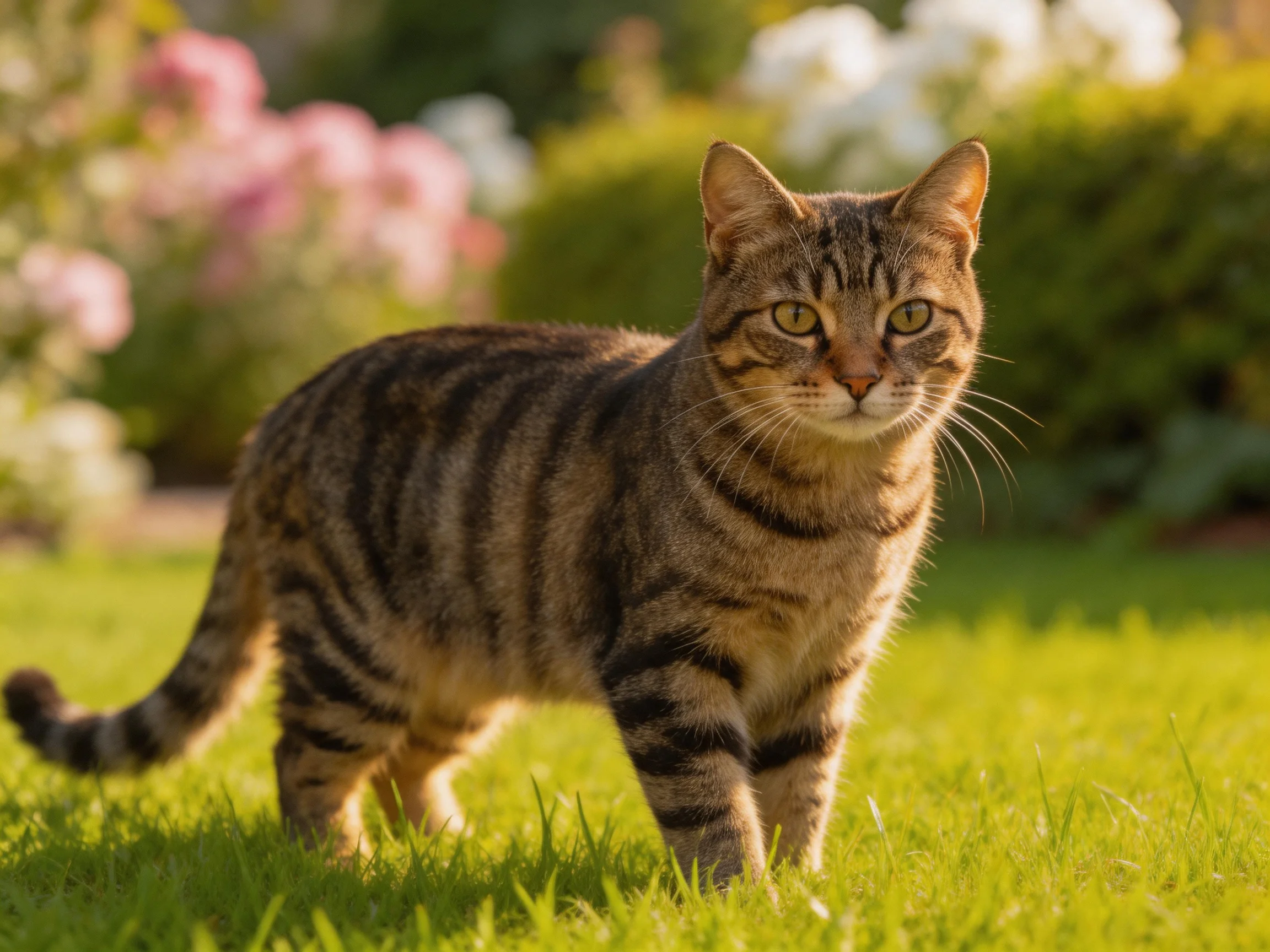 A brown and black striped cat explores a sunlit garden
