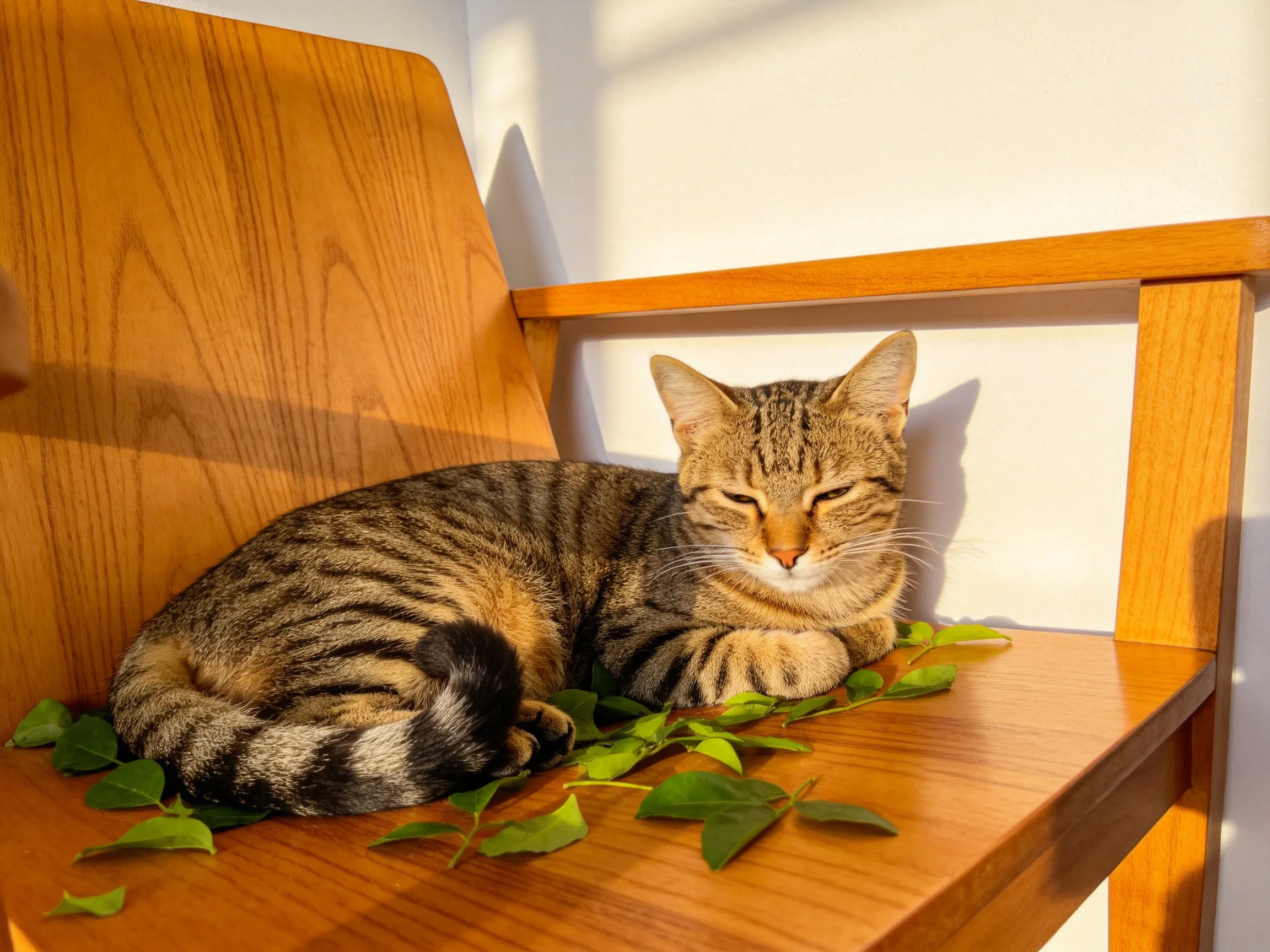 A brown and black striped cat lounges on a wooden chair with scattered green leaves