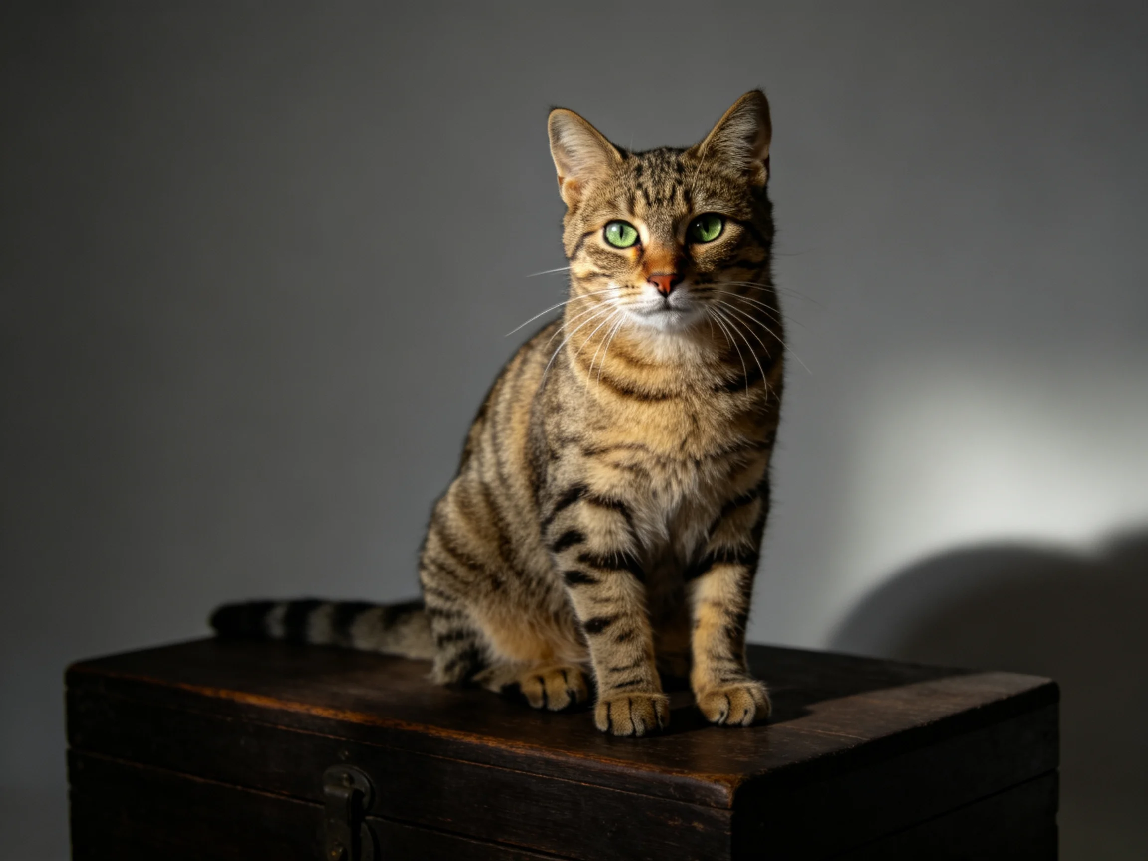 A tabby cat sits on a dark wooden chest with a plain backdrop.