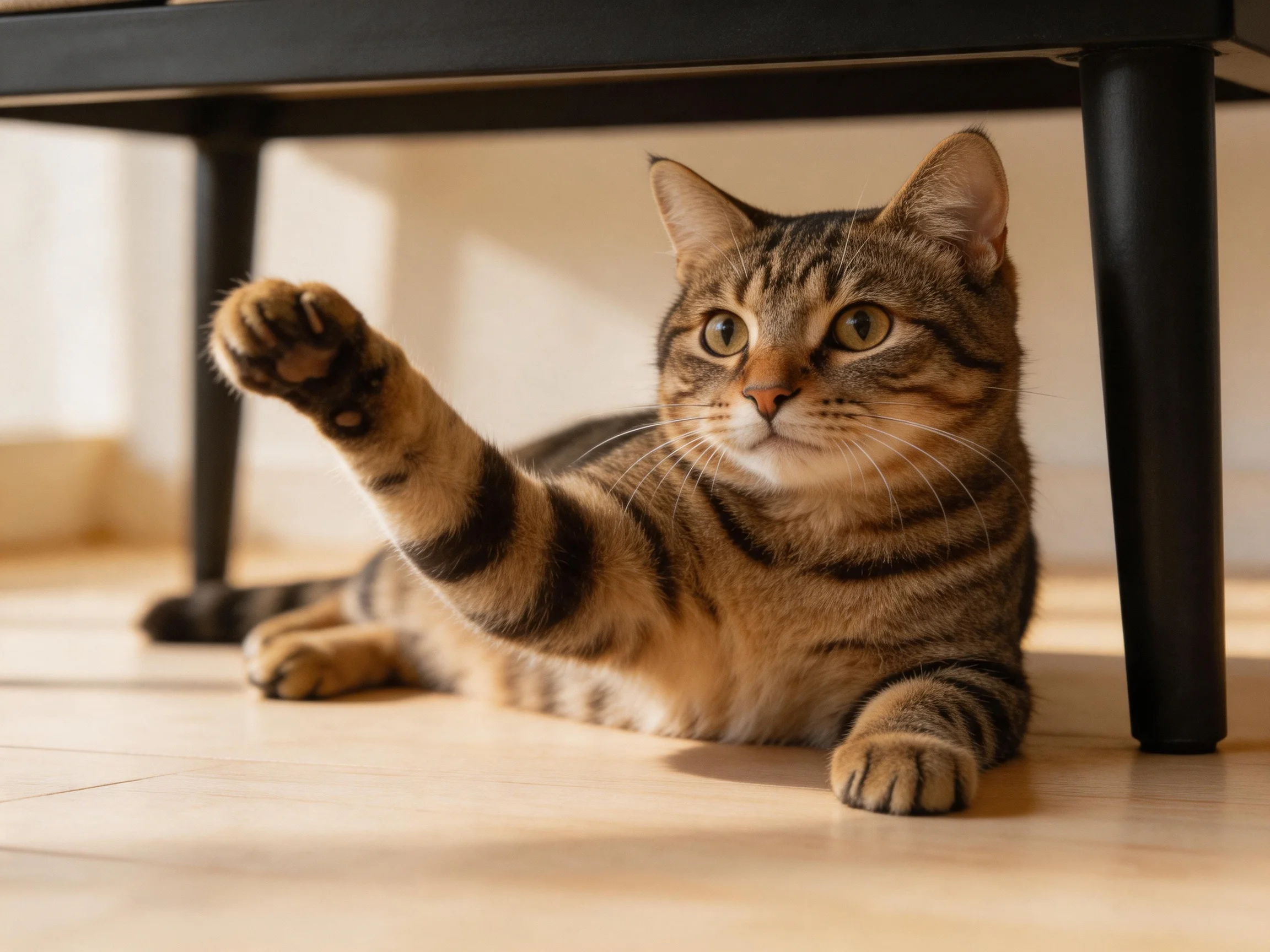 A tabby cat reaches toward a table under it in a sunlit room.