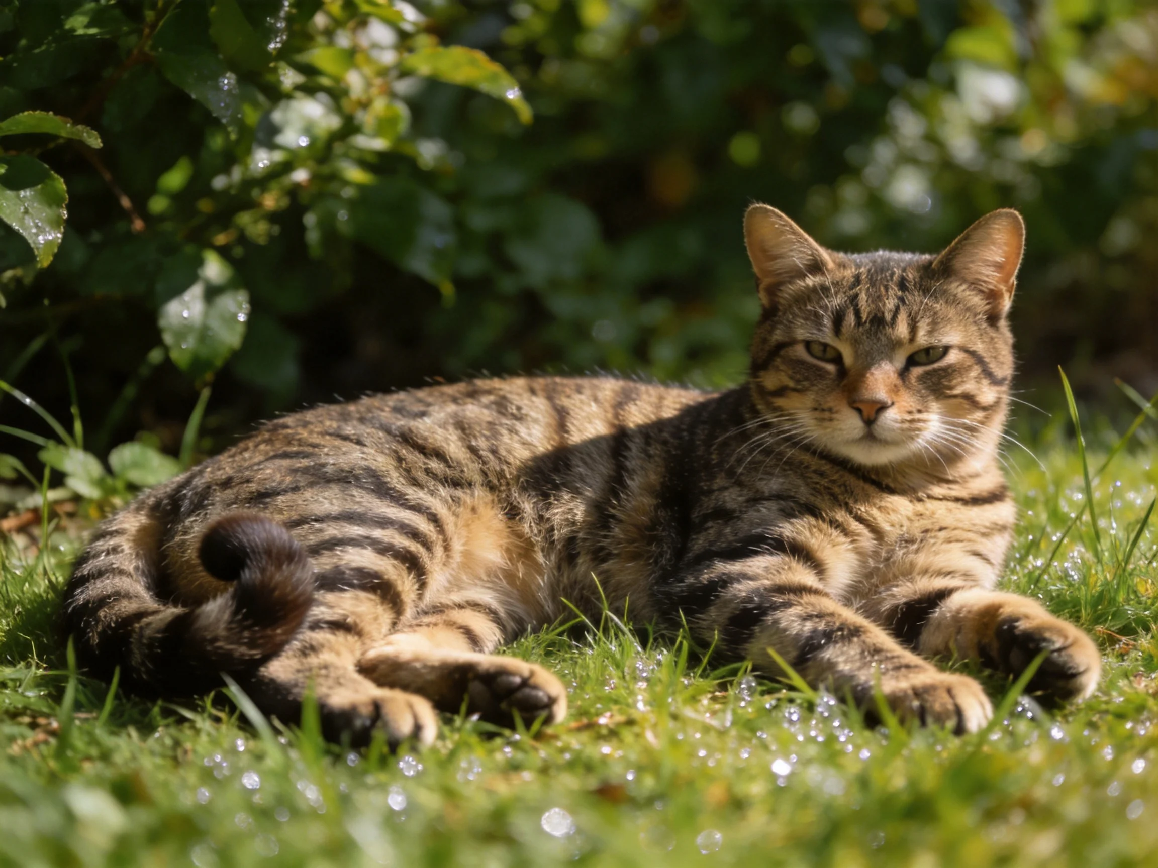 A brown and black striped cat relaxes on dewy grass near leafy vegetation.