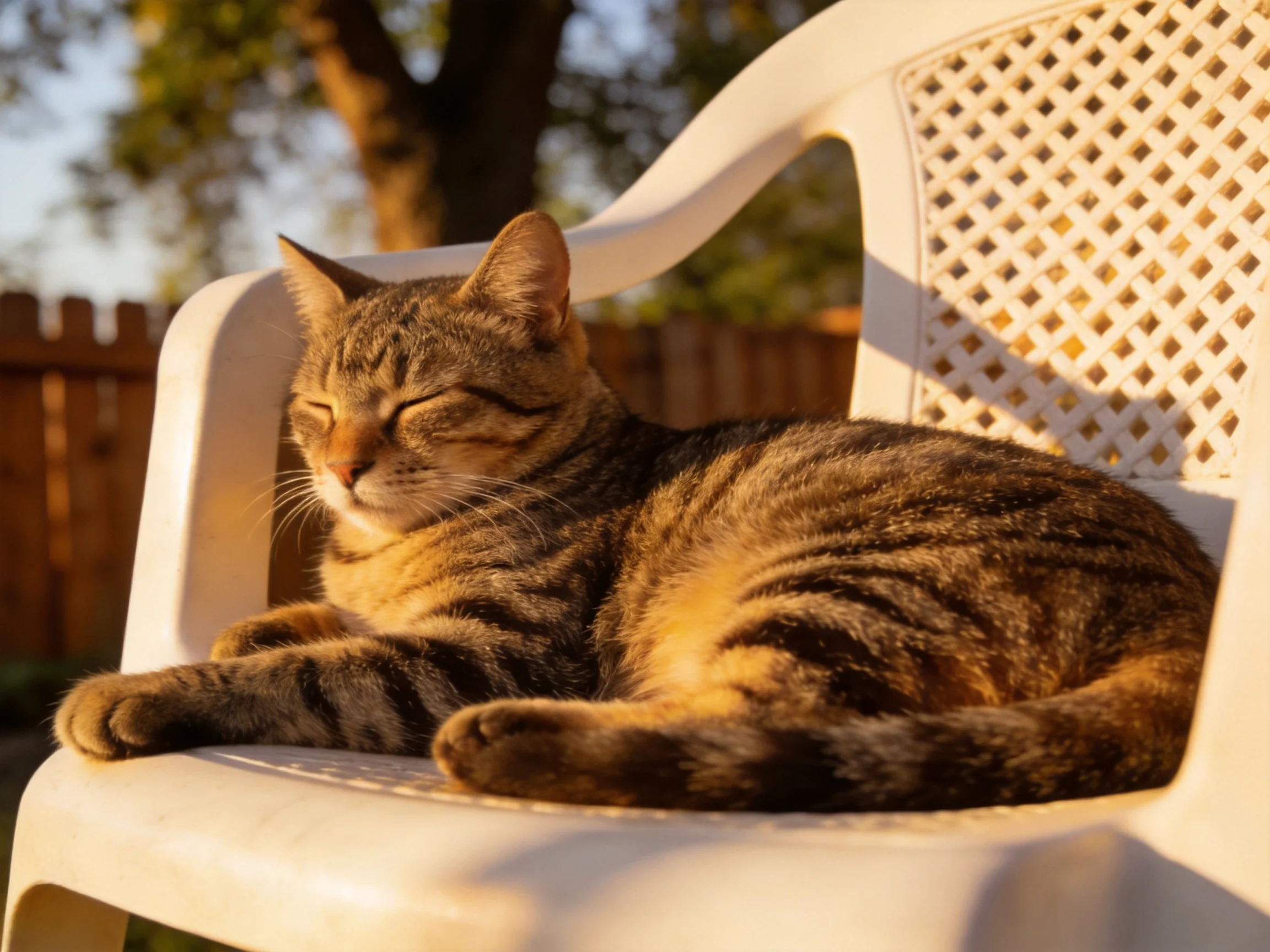 A brown and black striped cat relaxes on a white plastic chair in a sunny outdoor space.