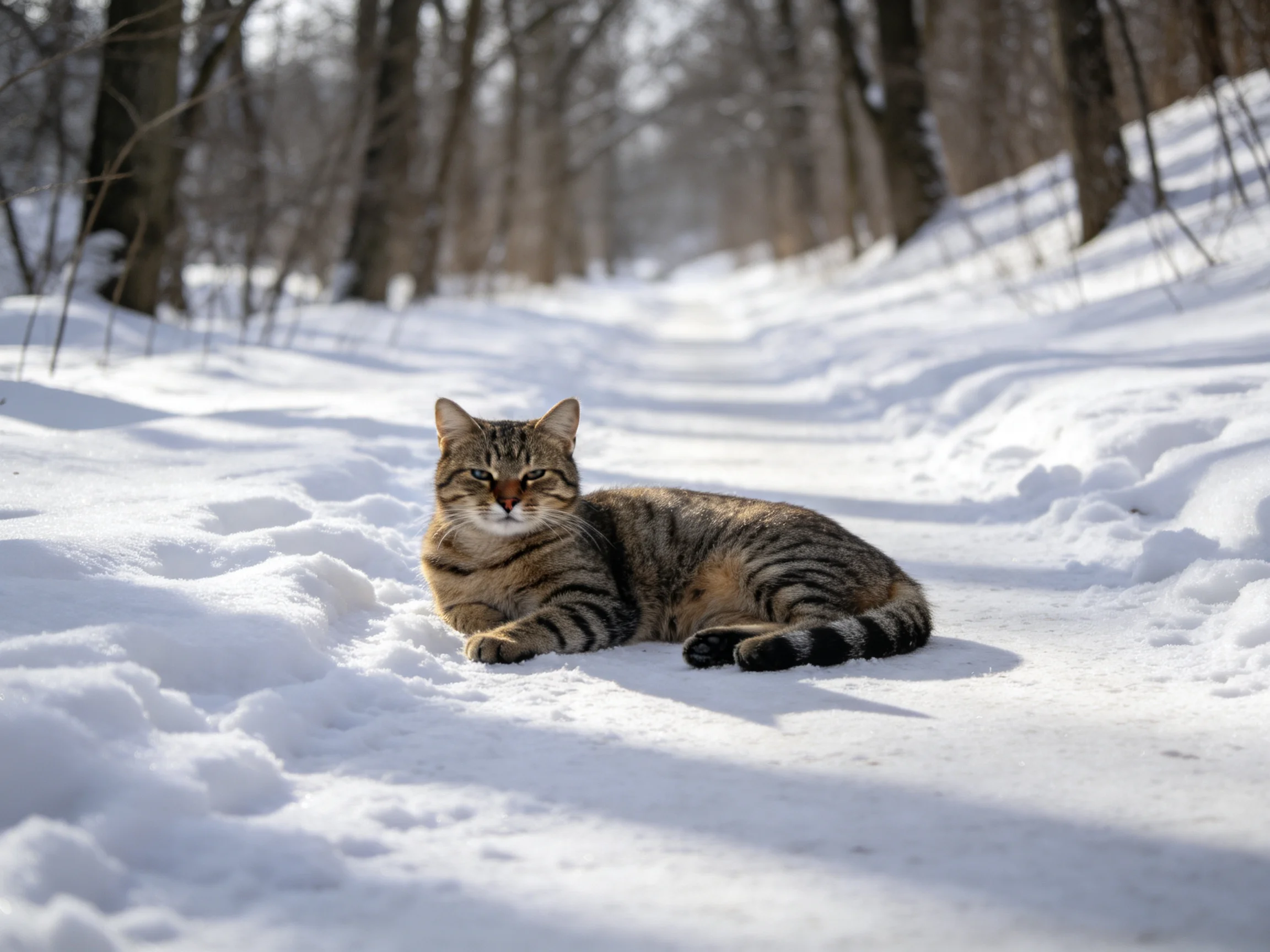 A striped cat rests on a snow - covered forest trail.