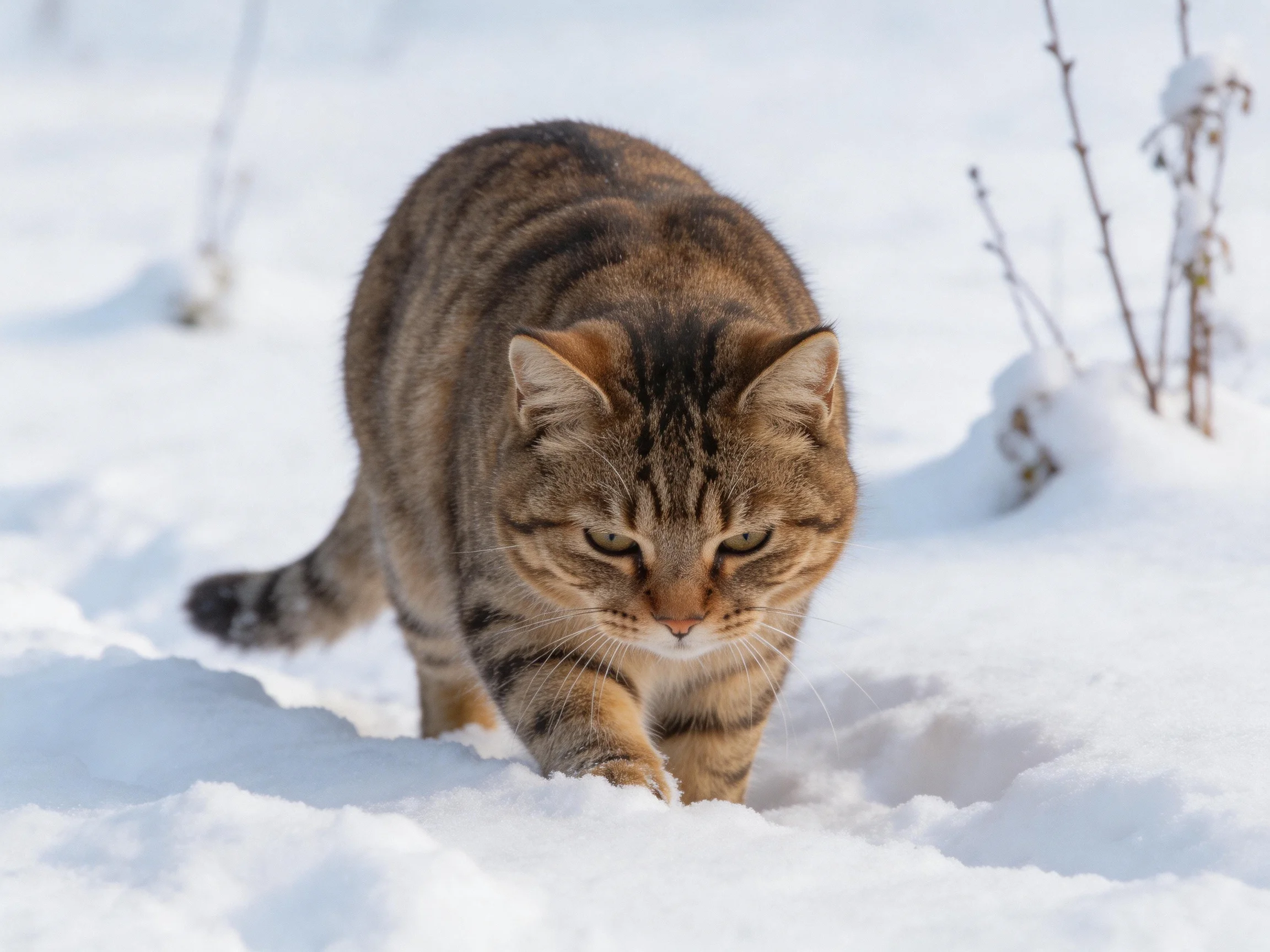 A tabby cat walks through deep snow in a wintry outdoor setting.