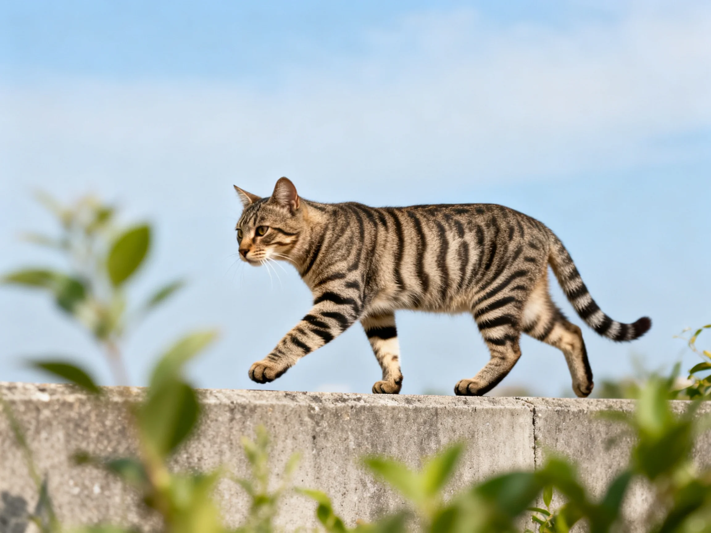 A brown and black striped cat walks on a concrete ledge near green foliage