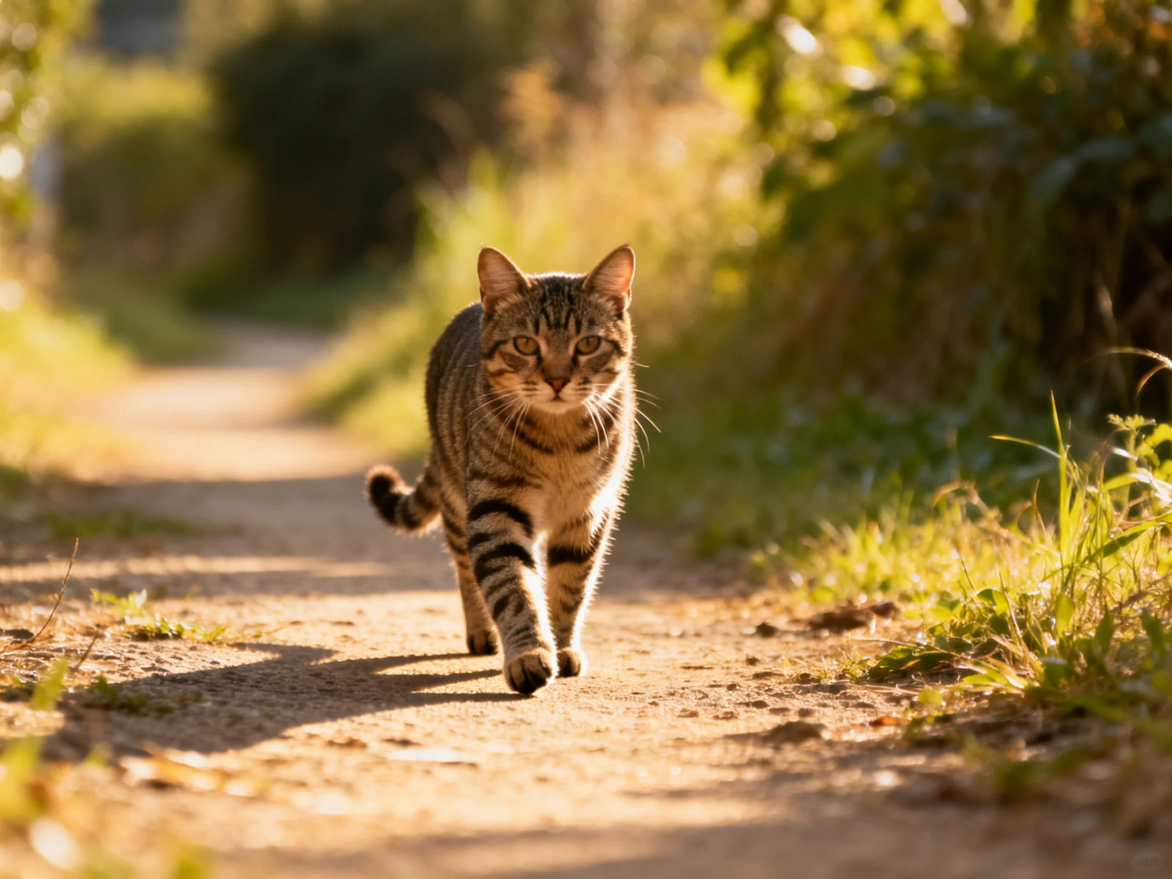 A tabby cat moves forward on a sunlit dirt path amid greenery.
