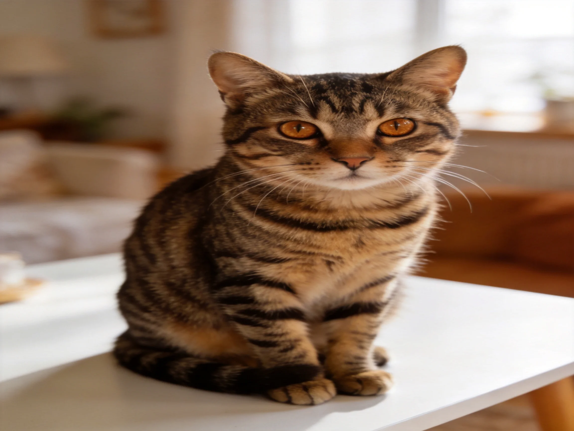 A tabby cat with amber eyes sits on a white table in a softly lit room