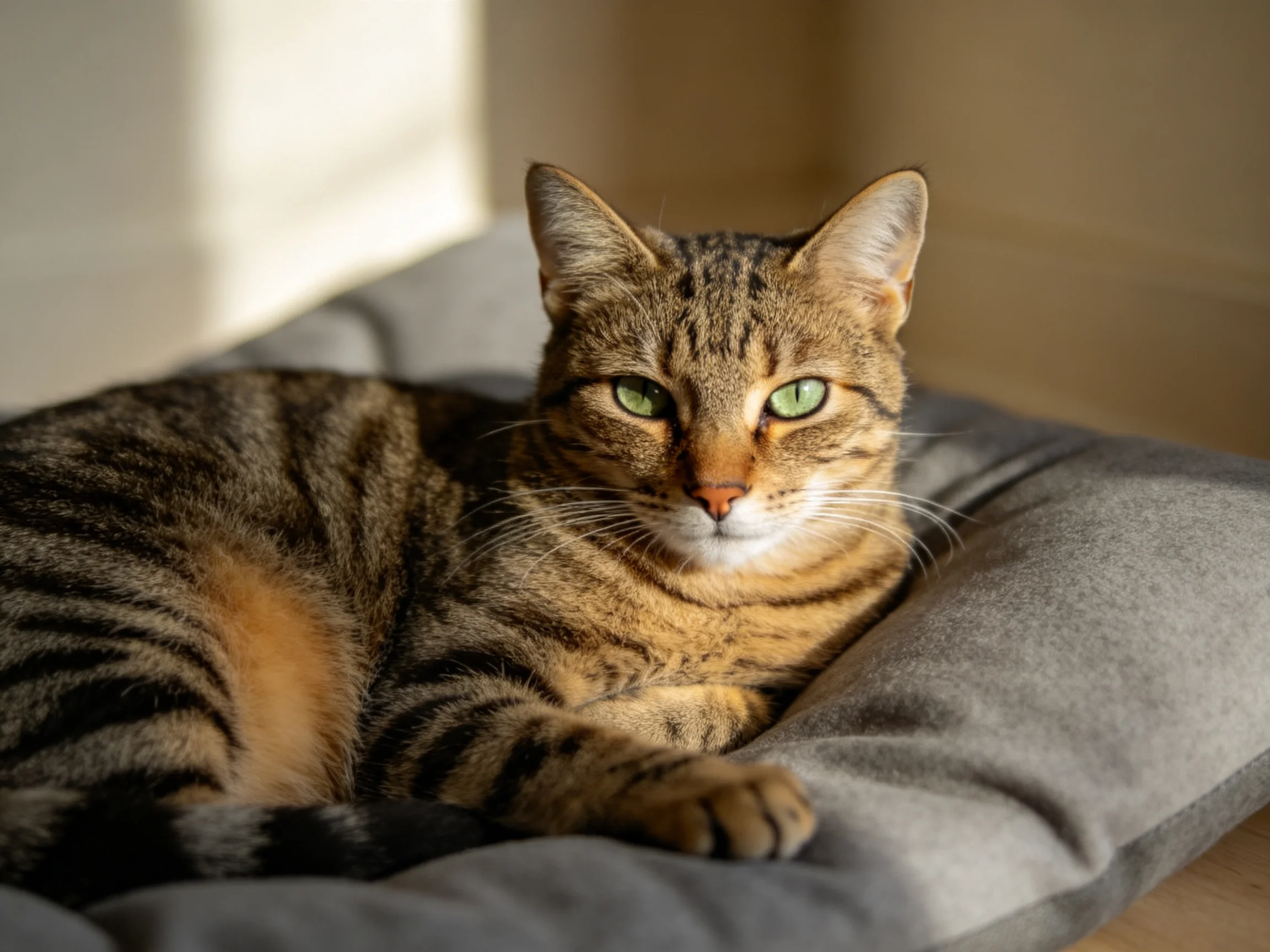 A brown and black striped cat rests on a gray cushion in a sunlit room.