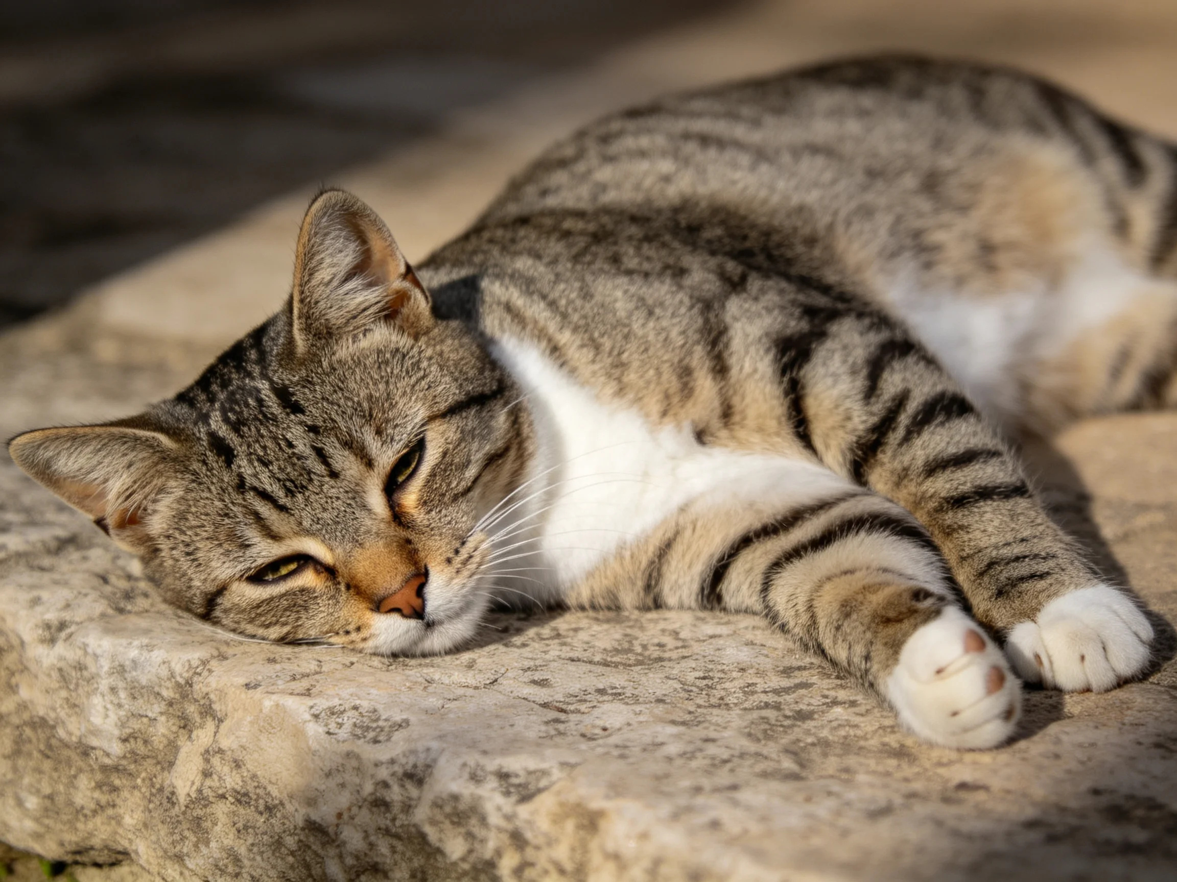 A brown and black striped cat rests on a rough stone surface.