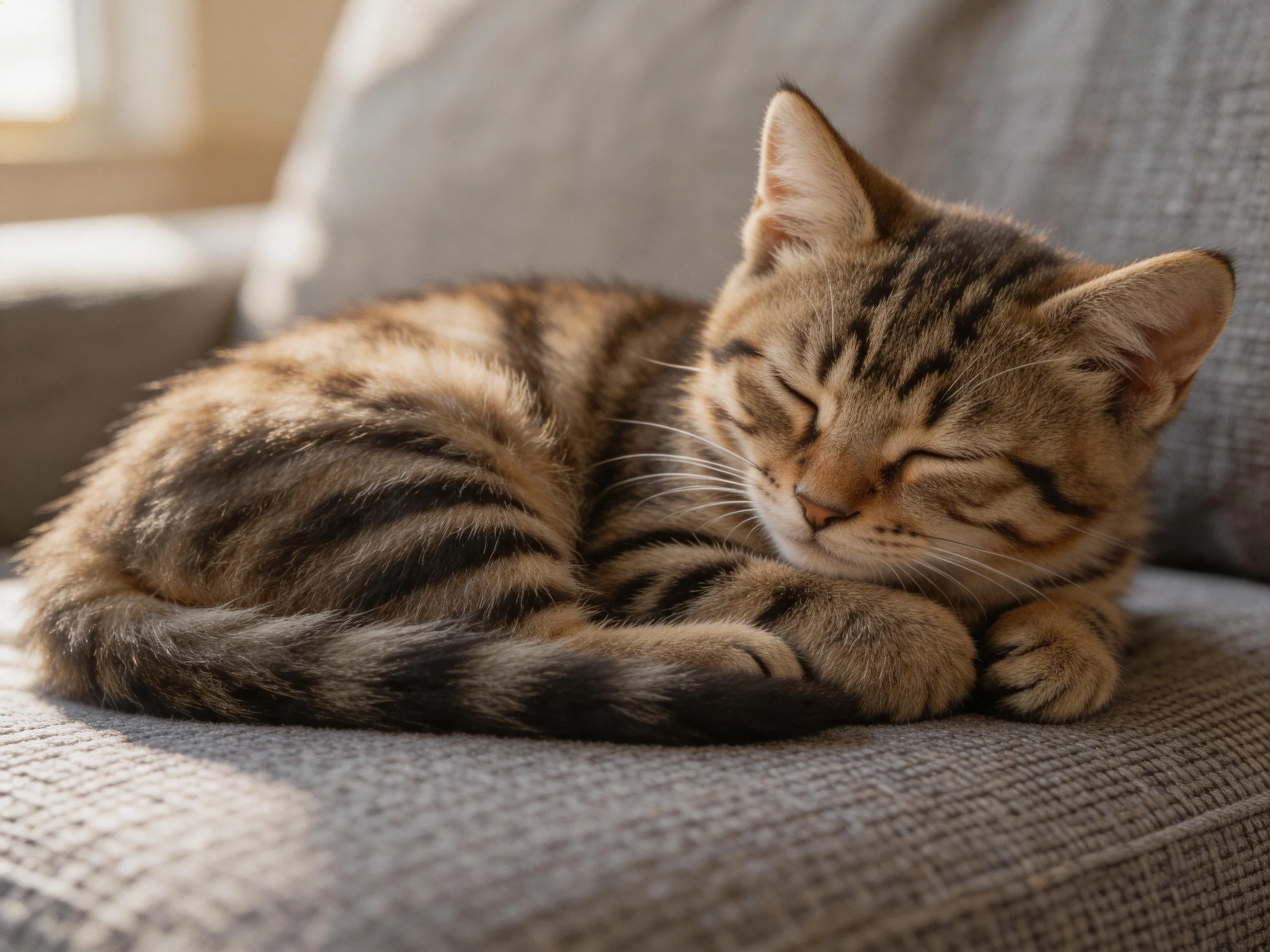 A tabby kitten sleeps peacefully on a gray couch in soft light.