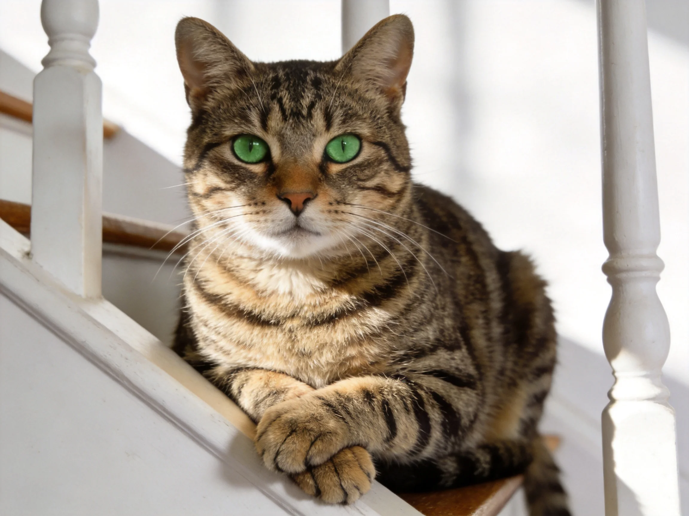 A tabby cat with green eyes sits calmly among white stair railings.