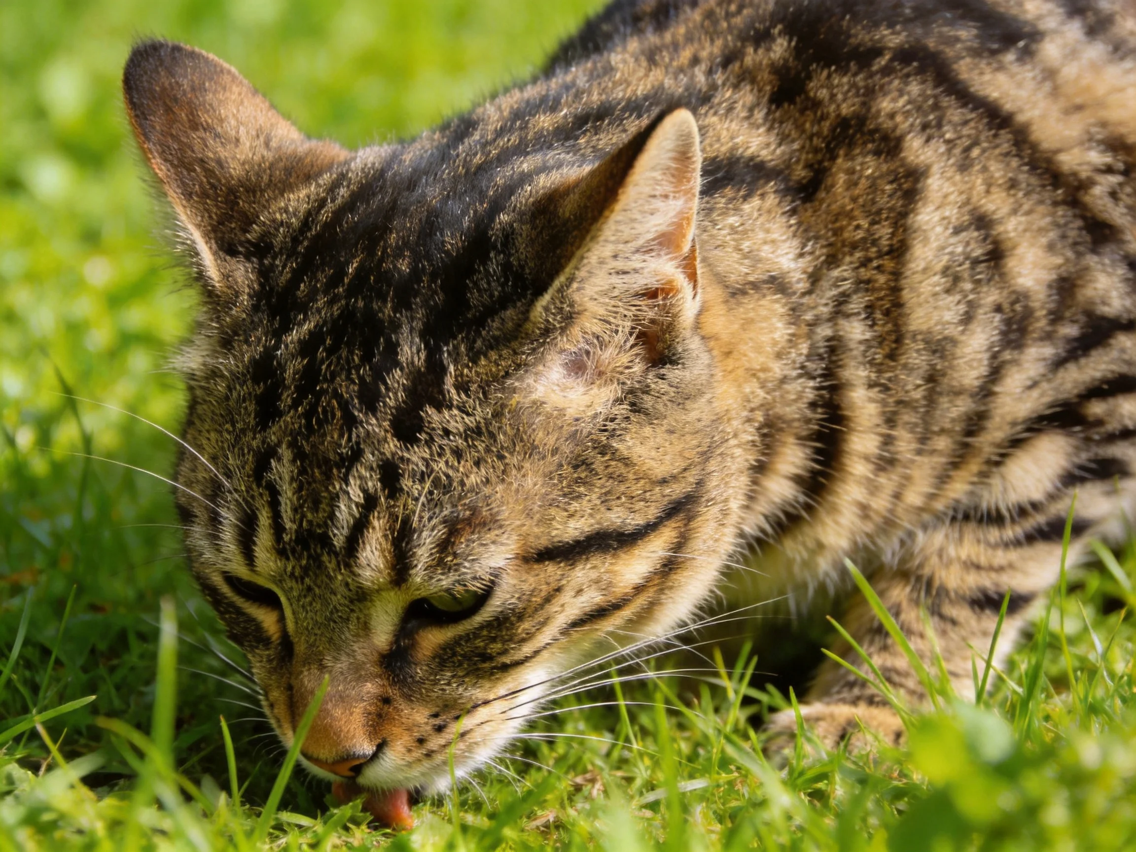 A brown and black tabby cat explores lush green grass in a sunlit outdoor setting.
