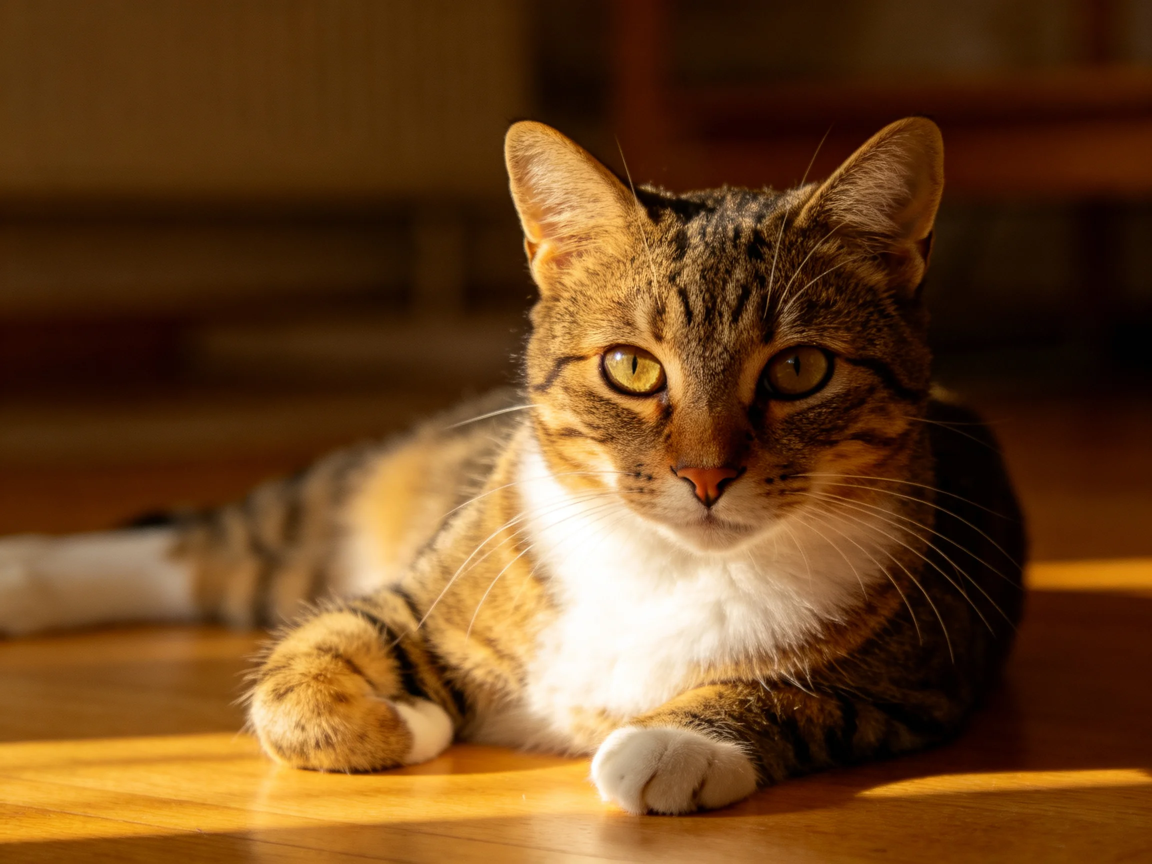A tabby cat lies calmly on a sunlit wooden floor.