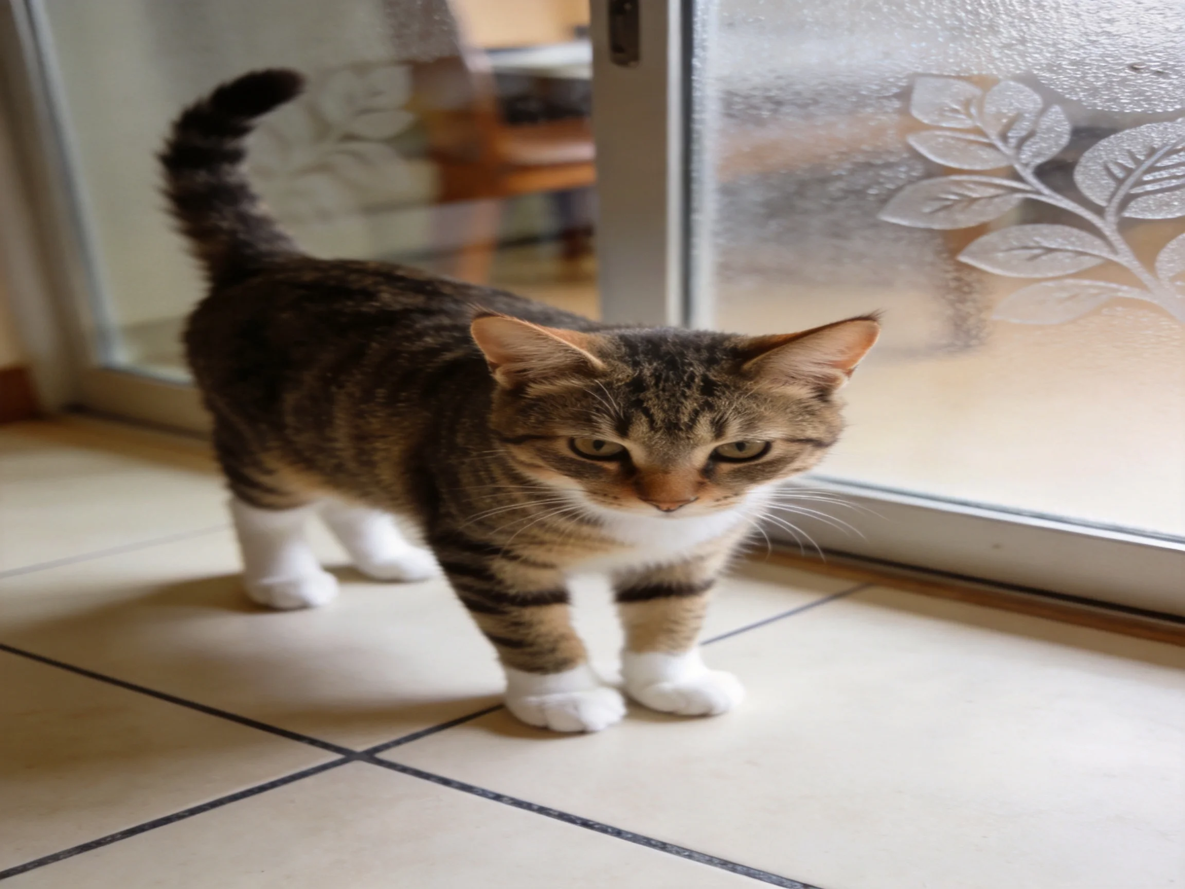 A tabby cat with white paws stands near frosted glass doors.