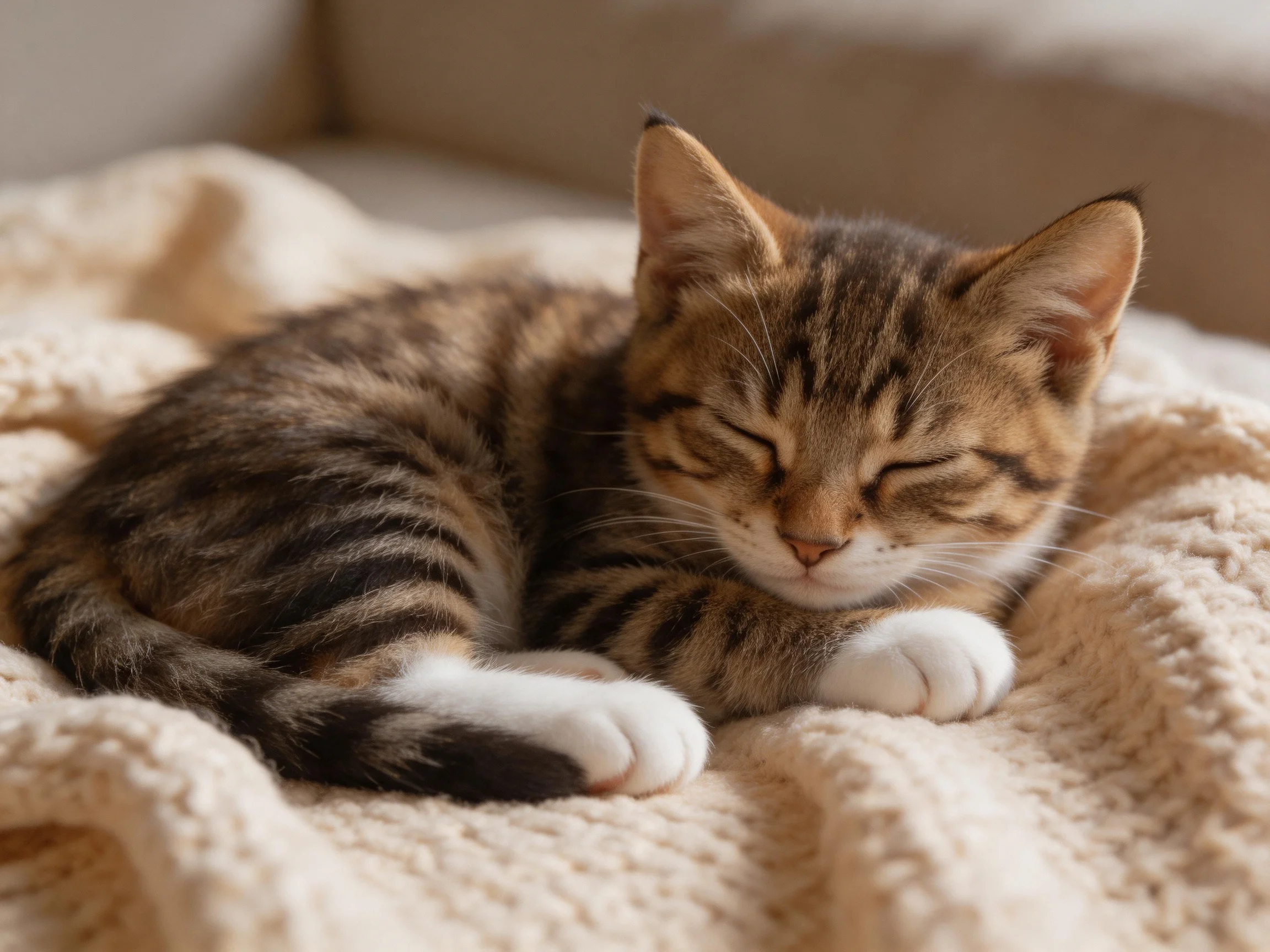 A tabby kitten peacefully rests on a soft blanket.