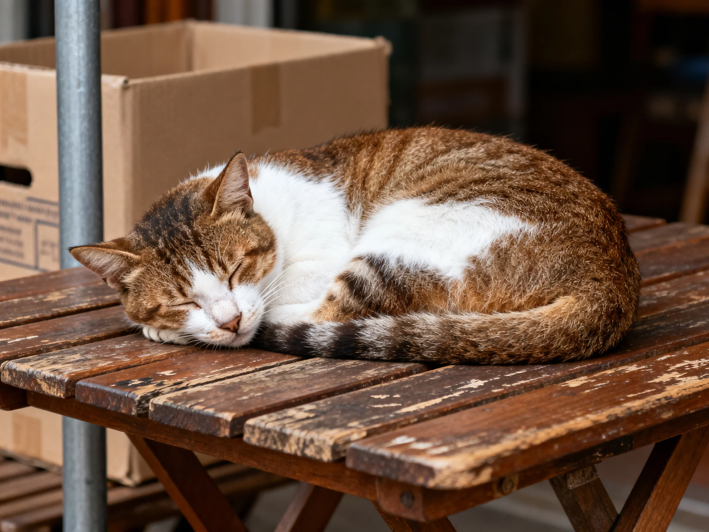 A brown and white cat curls up asleep on a weathered wooden table