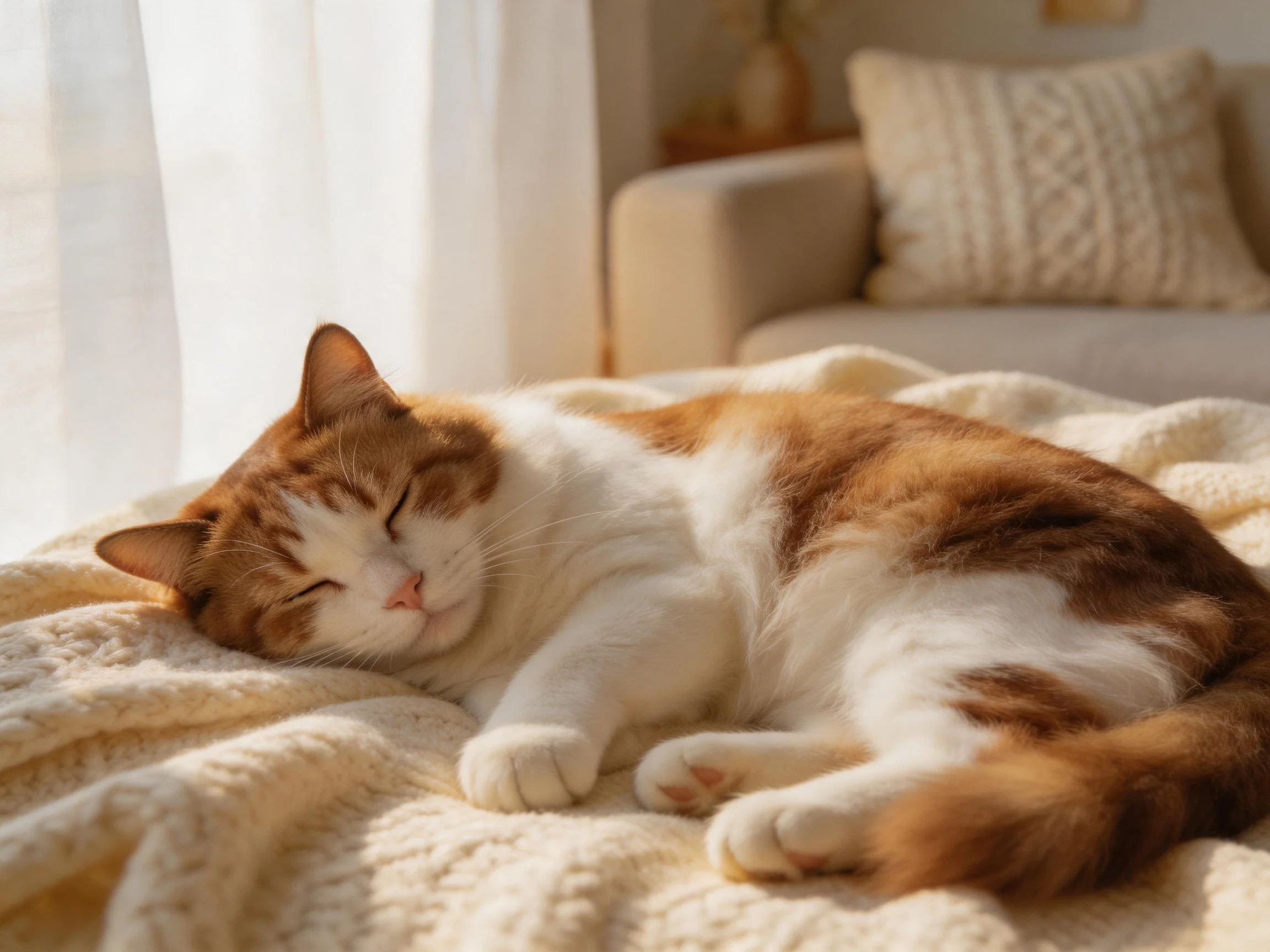 A brown and white cat naps on a cream blanket in a cozy room