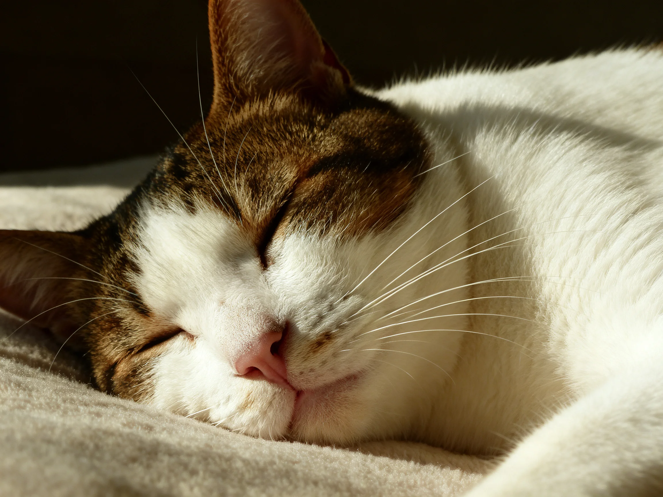 A brown-and-white cat peacefully sleeps on a soft beige blanket