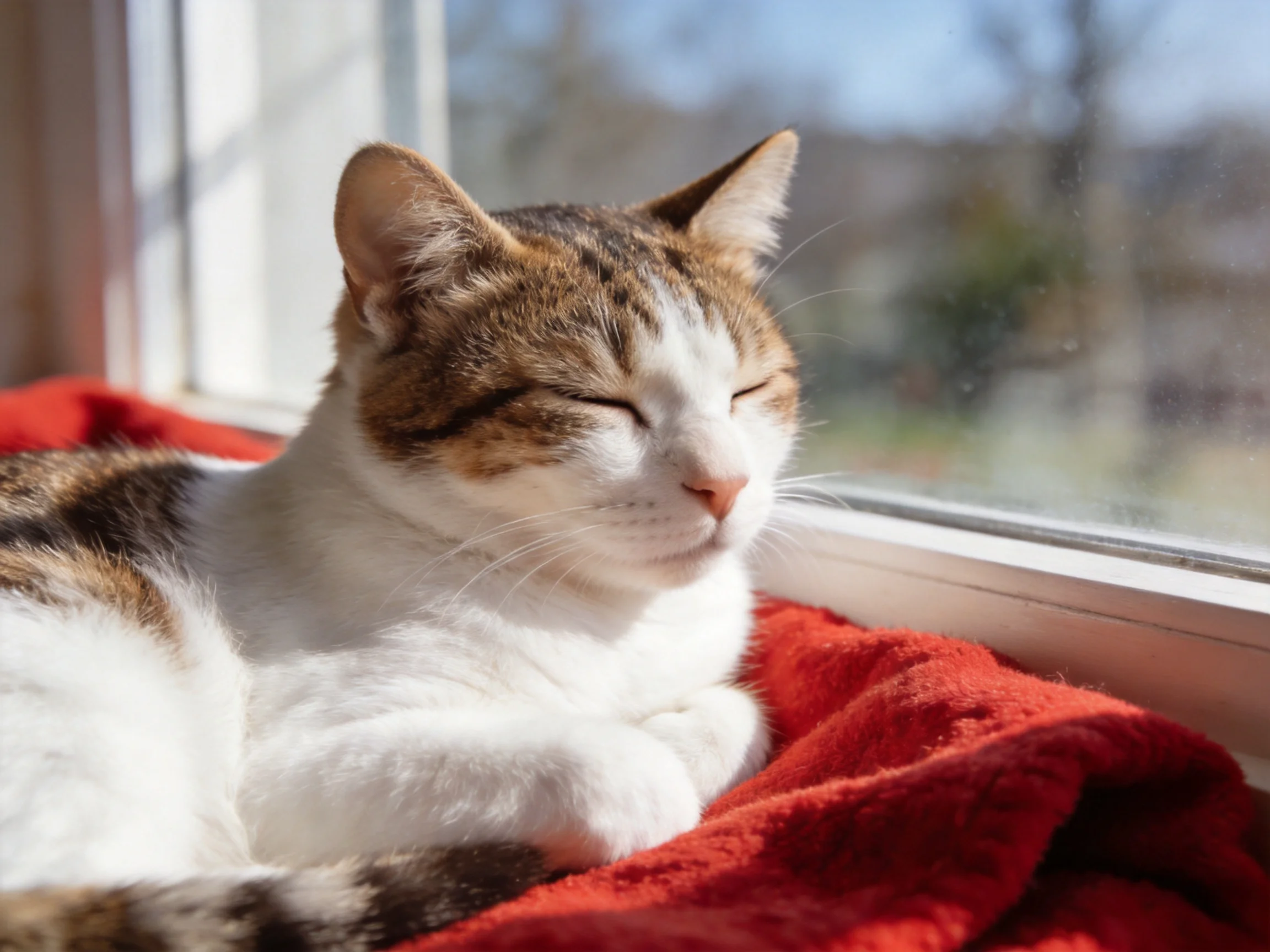 A cat enjoys a peaceful rest on a red blanket beside a sunlit window.