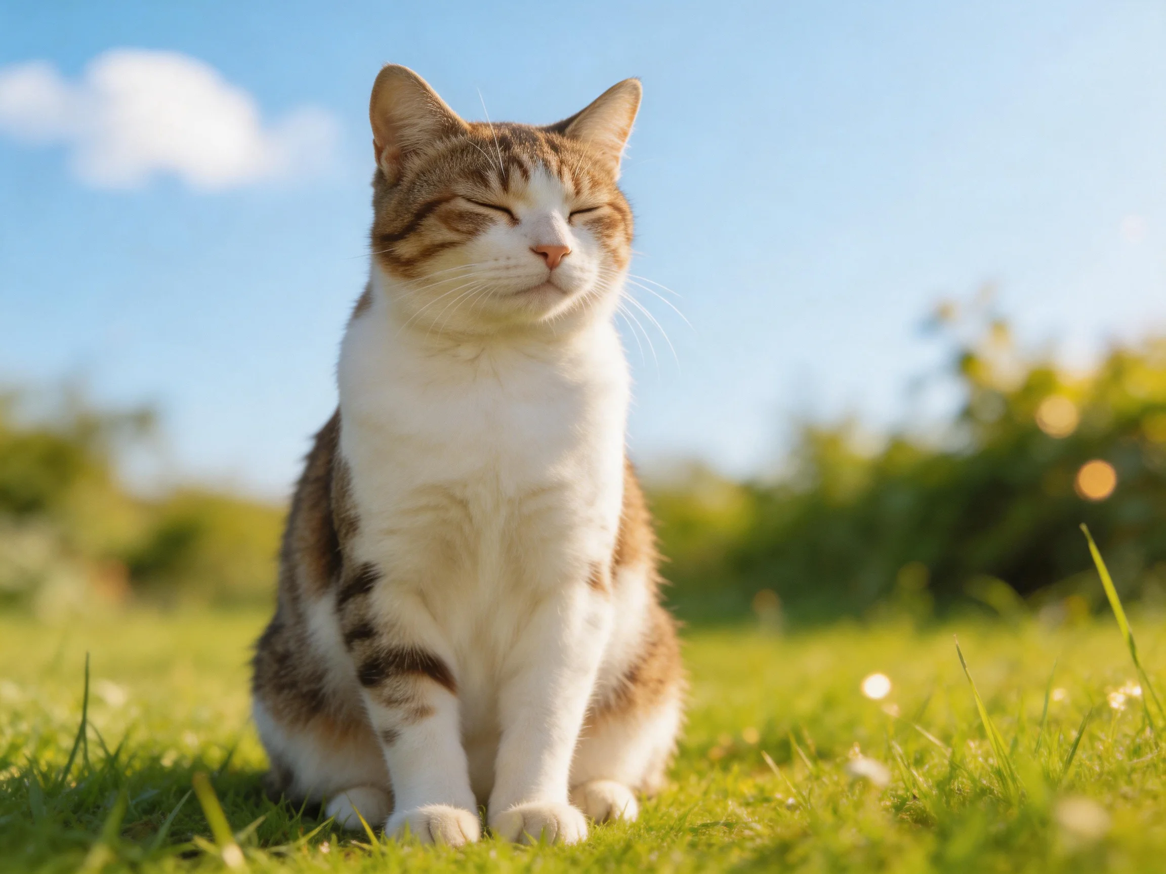 A brown-and-white cat relaxes on green grass in a sunny outdoor setting.