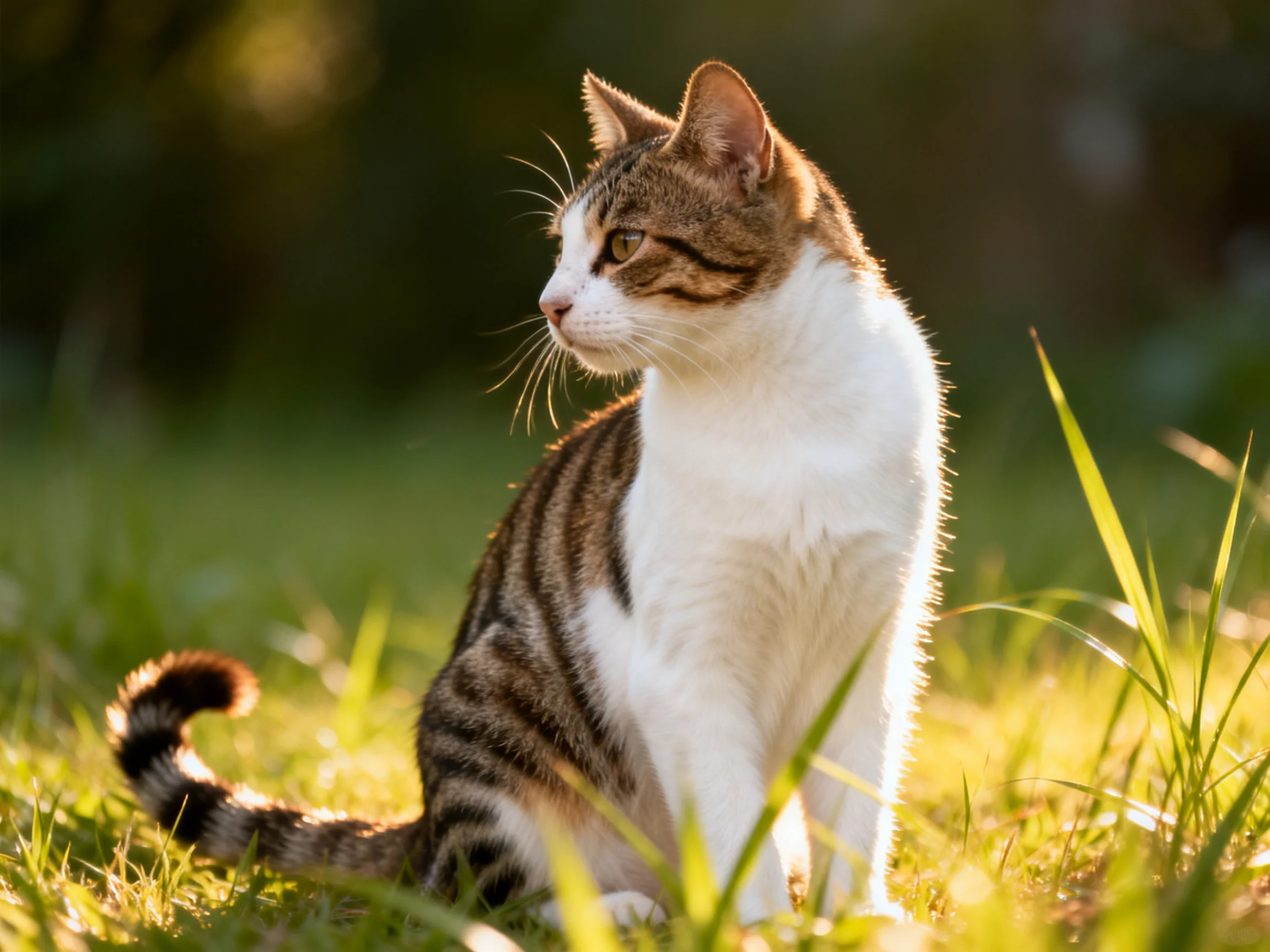 A brown-and-white cat sits alertly amid sunlit green grass