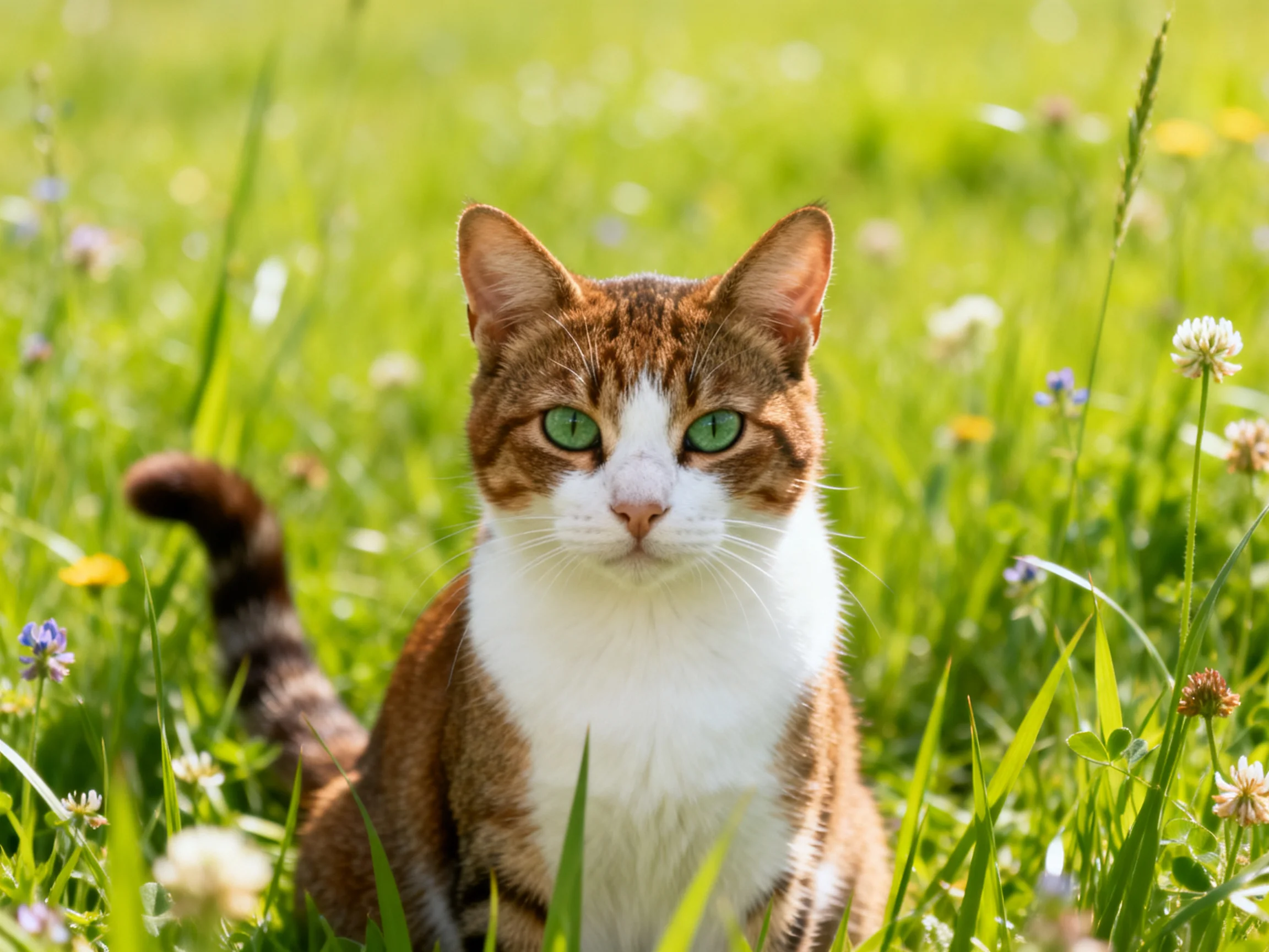 A brown and white cat relaxes in a sunlit meadow with tall grass and wildflowers.