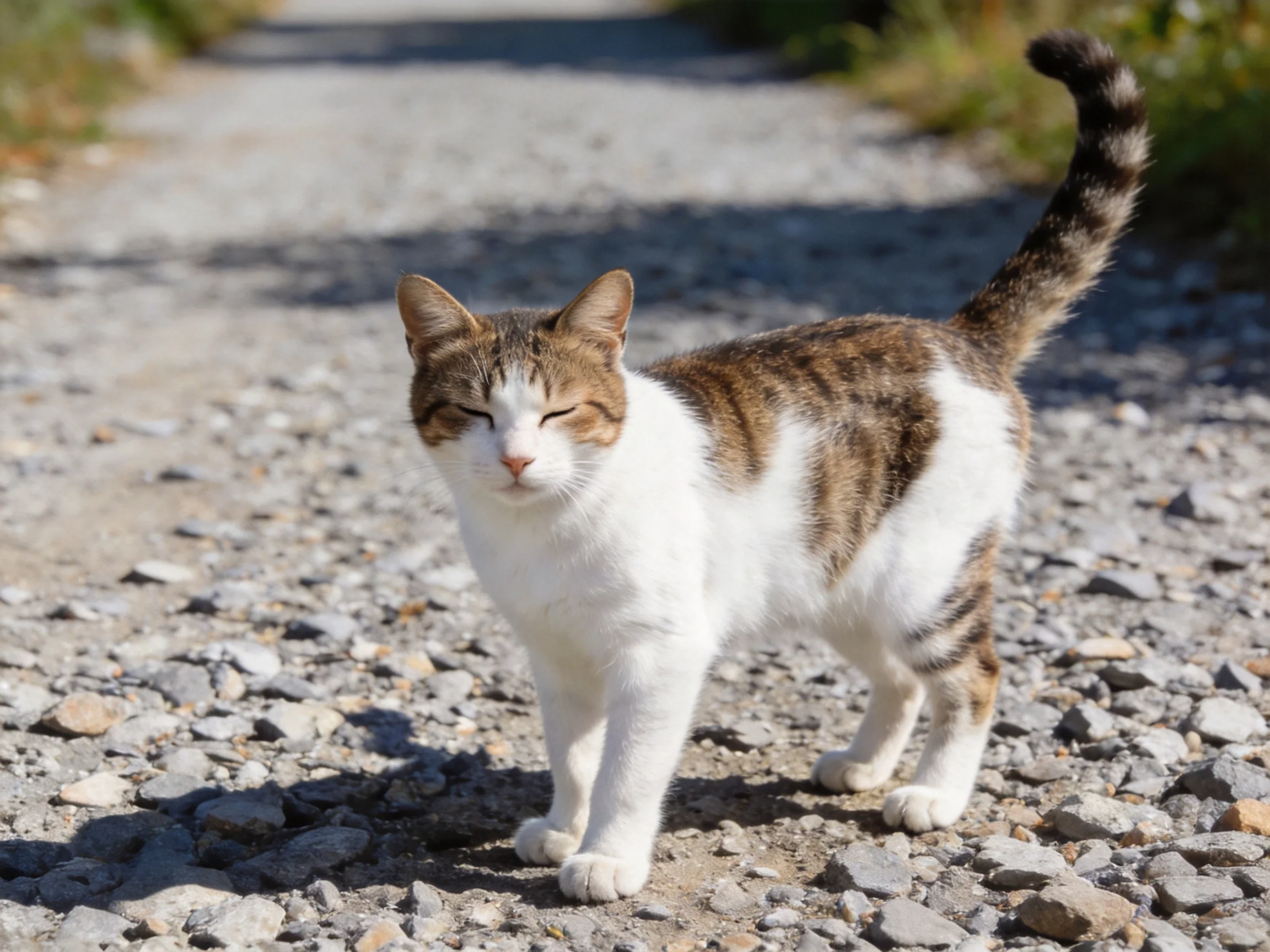A brown and white cat stands on a gravel path in sunlight.