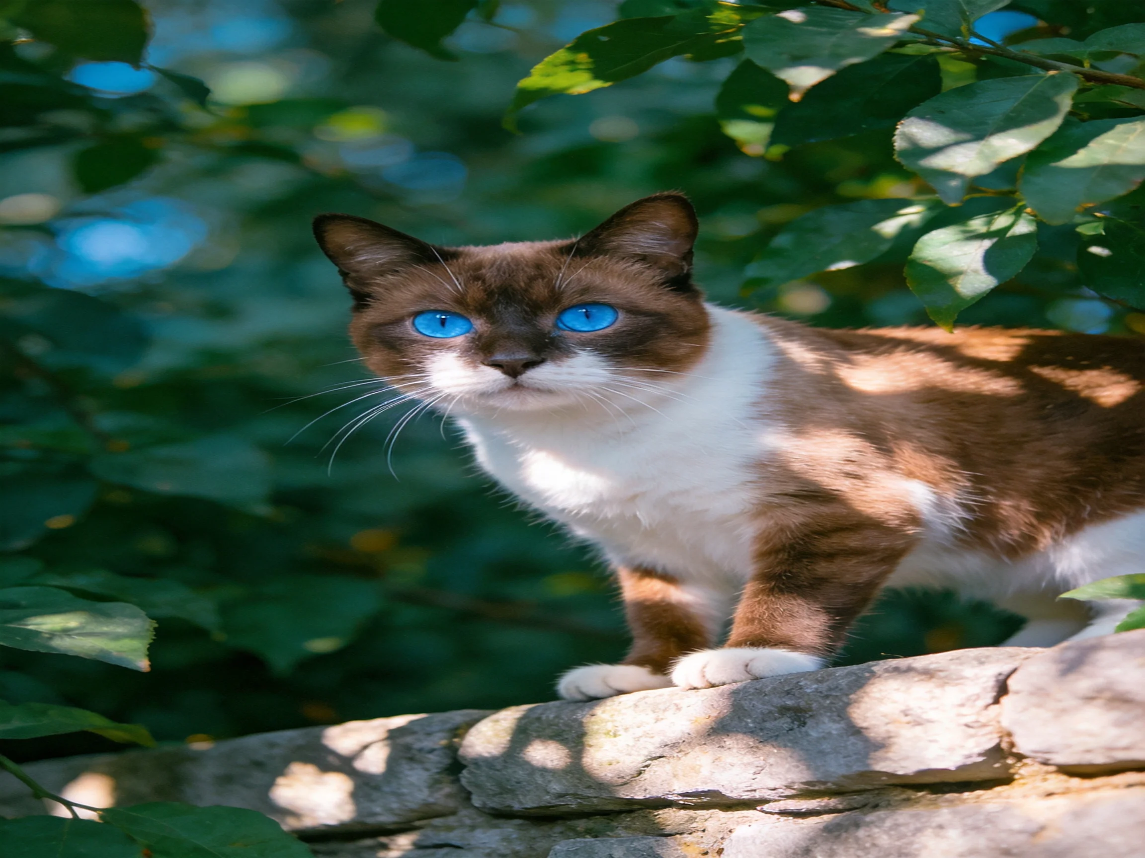 A brown-and-white cat with blue eyes stands on a stone ledge surrounded by dense green leaves.