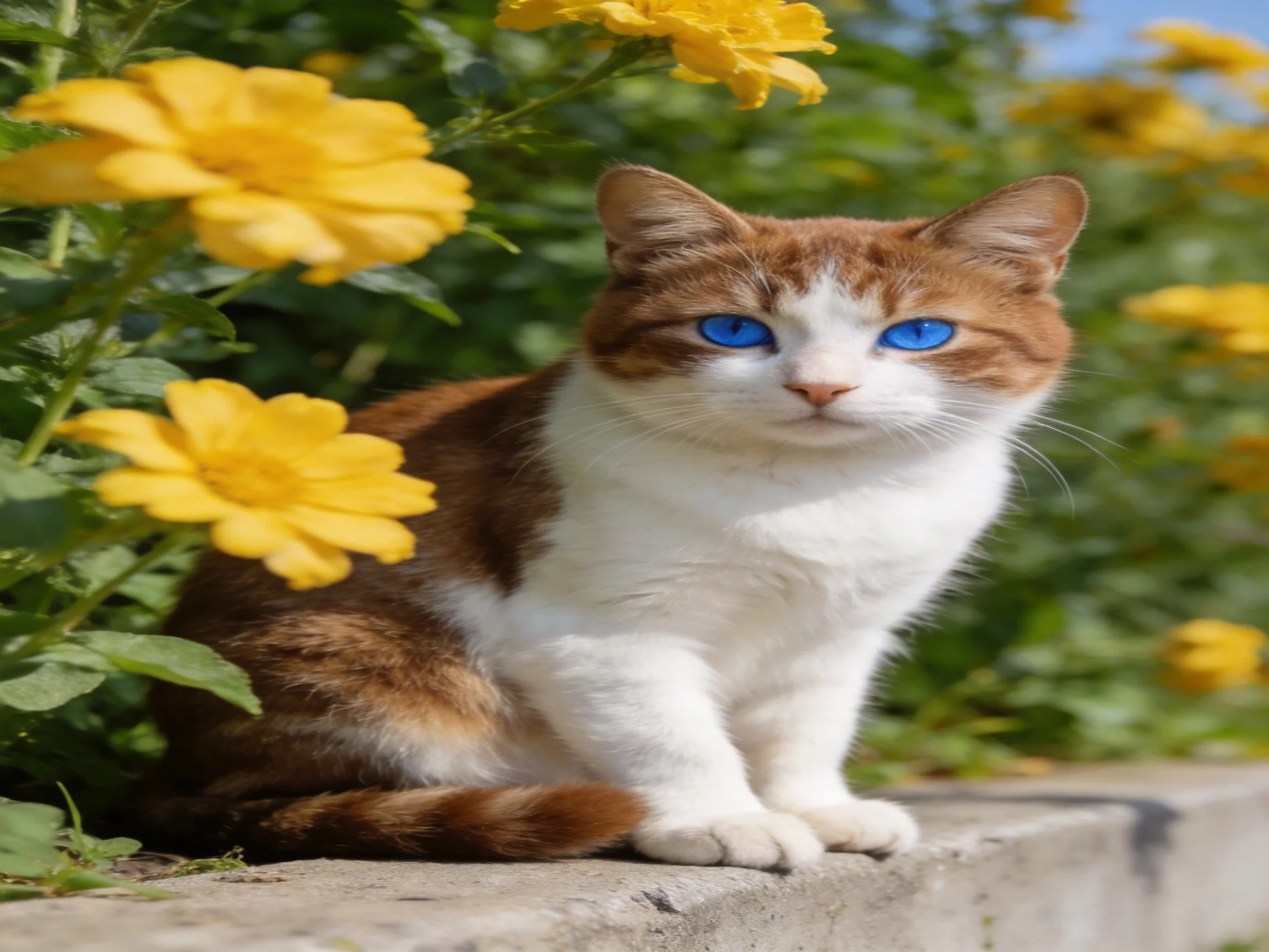 A brown-and-white cat with bright blue eyes sits among vibrant yellow flowers