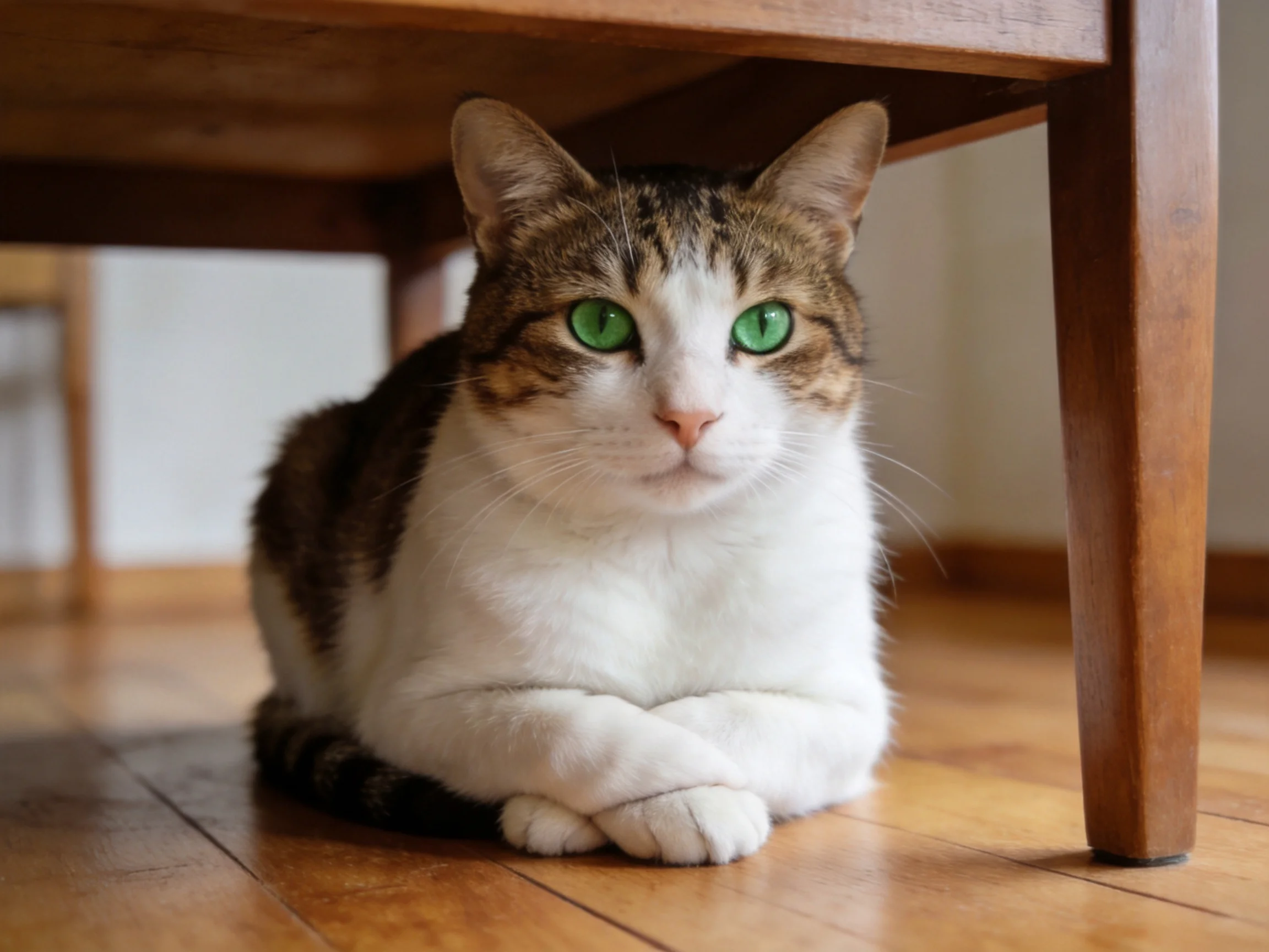 A cat with green eyes lies beneath a wooden table on a wooden floor.