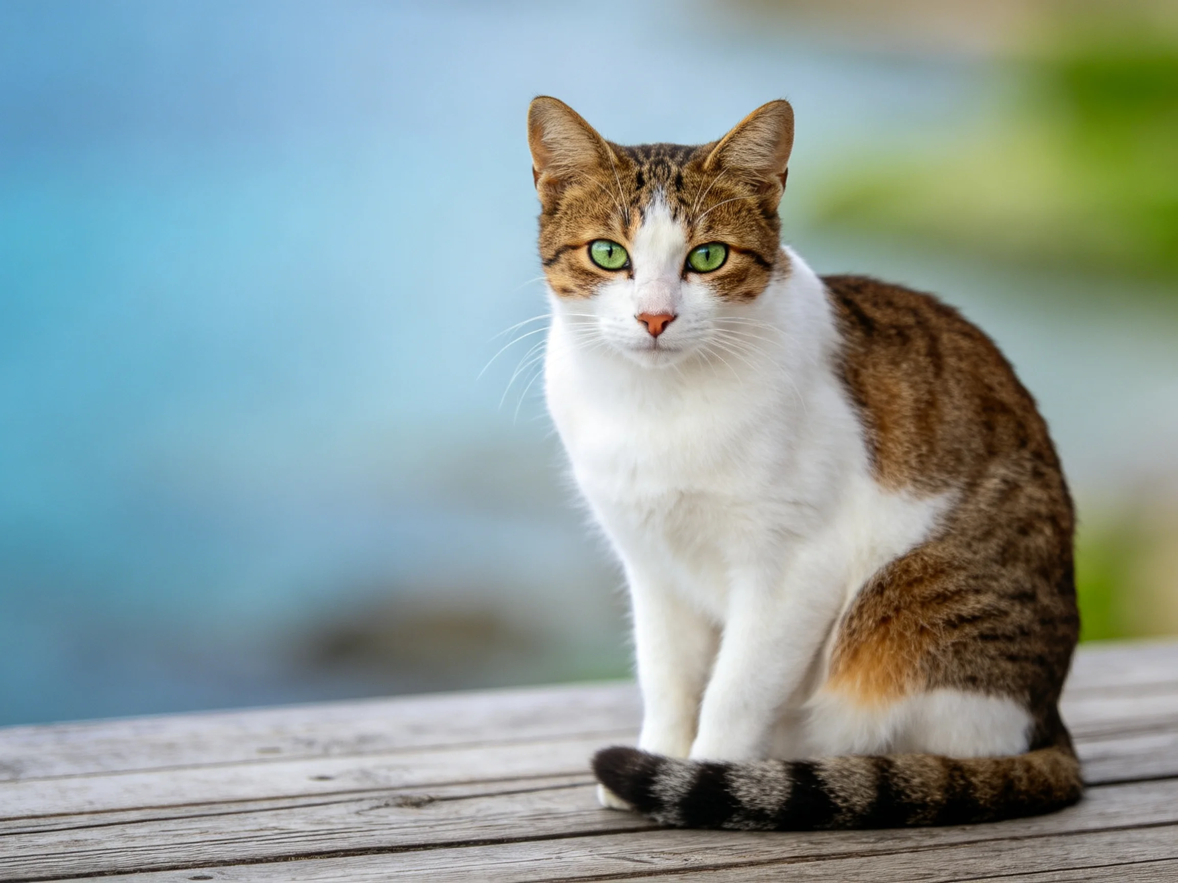 A brown and white cat with green eyes sits on wooden planks in an outdoor setting.