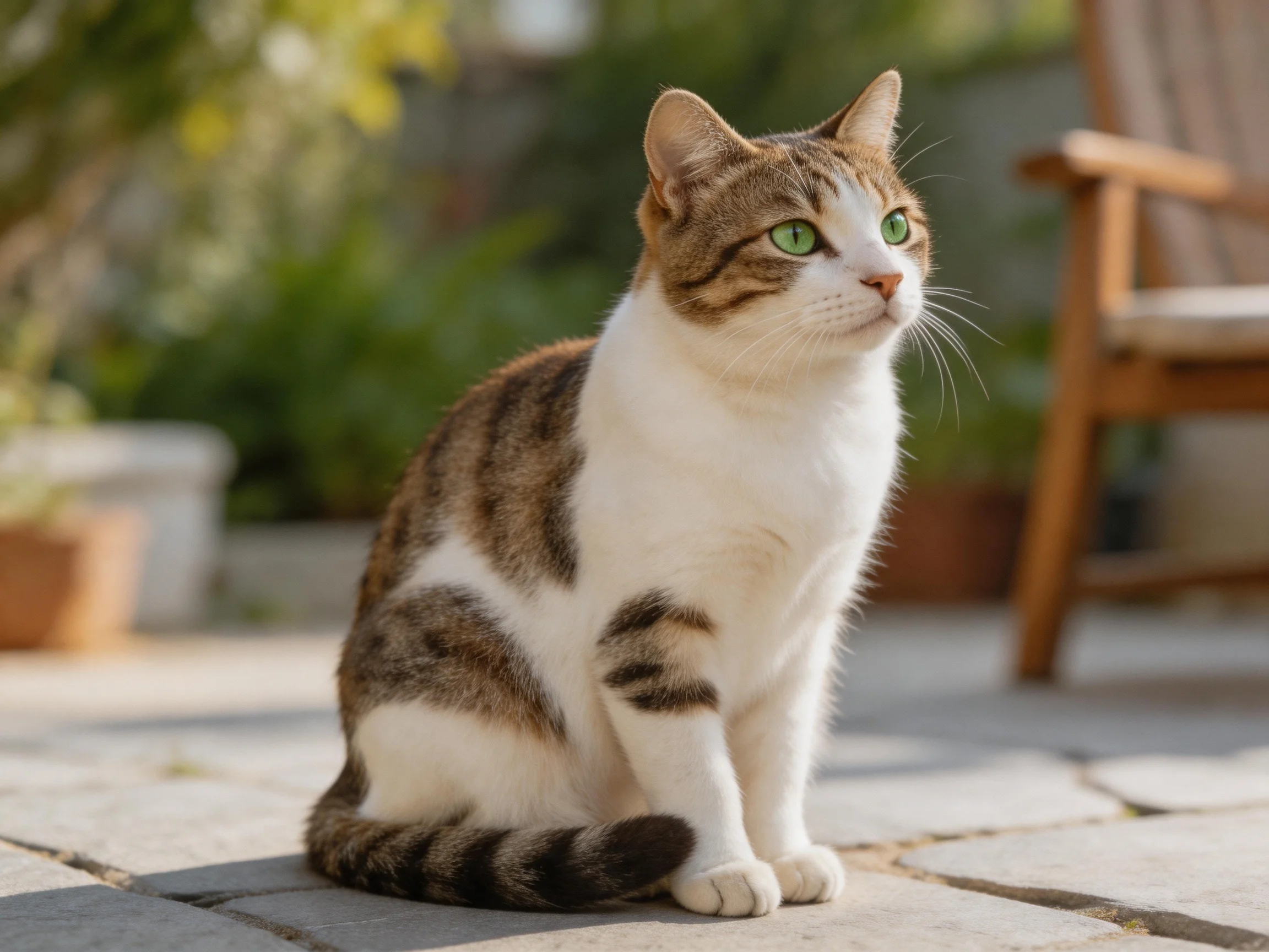 A brown and white cat with green eyes sits calmly on a stone patio.